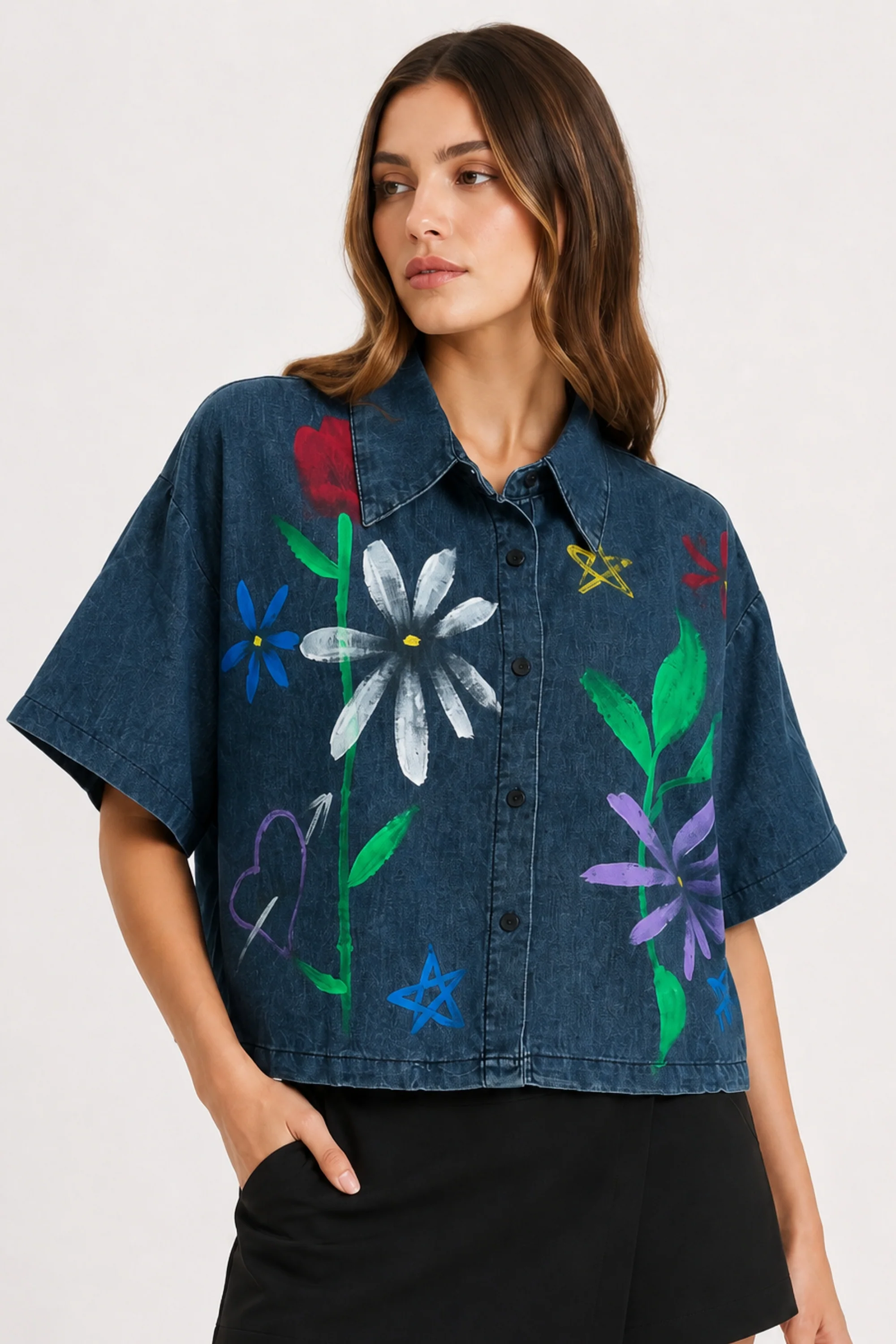 Floral Art Denim Shirt