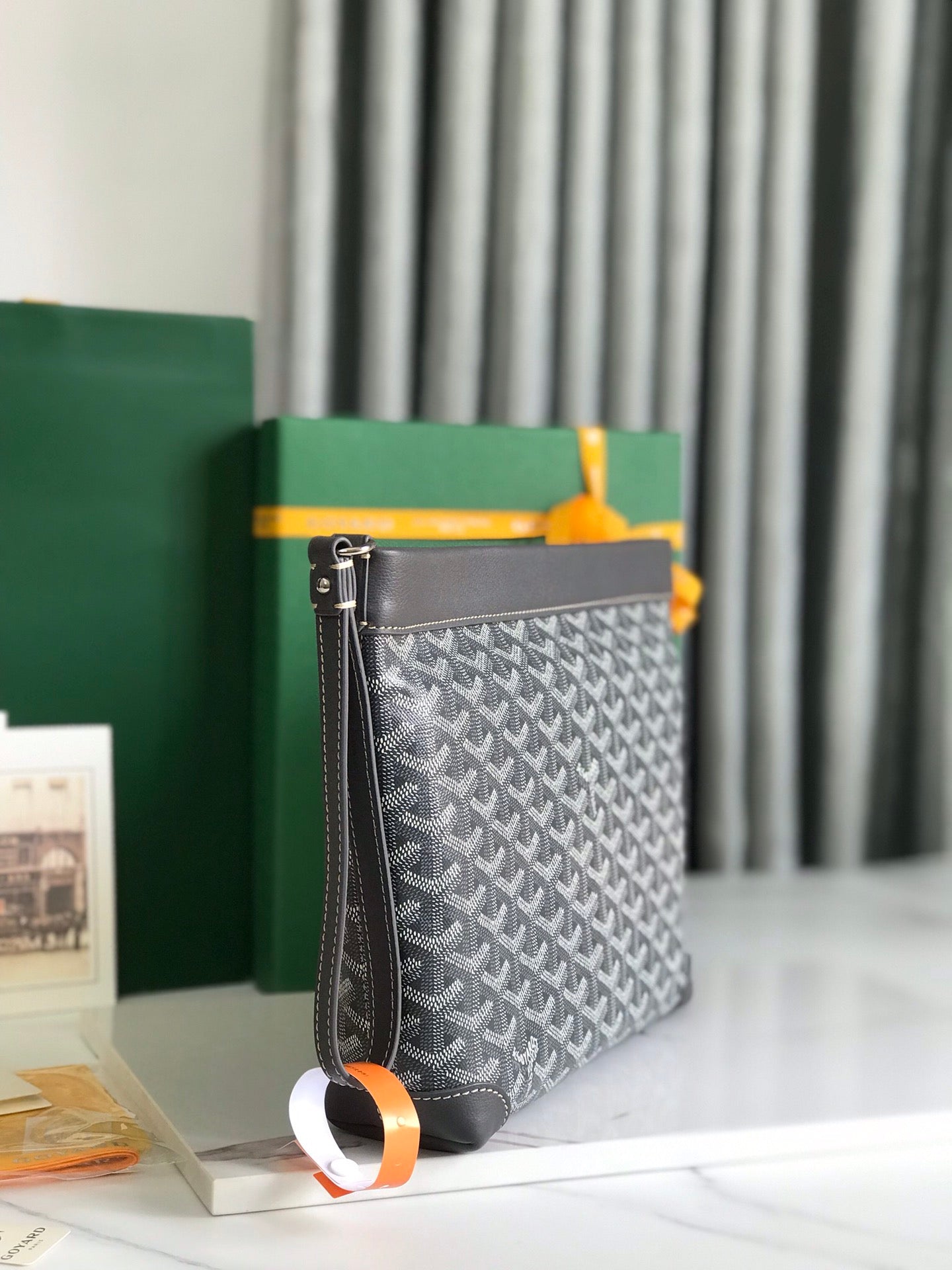 Goyard Conti Pouch 24 Cm Grey Black Lambskin And Goyardine Canvas
