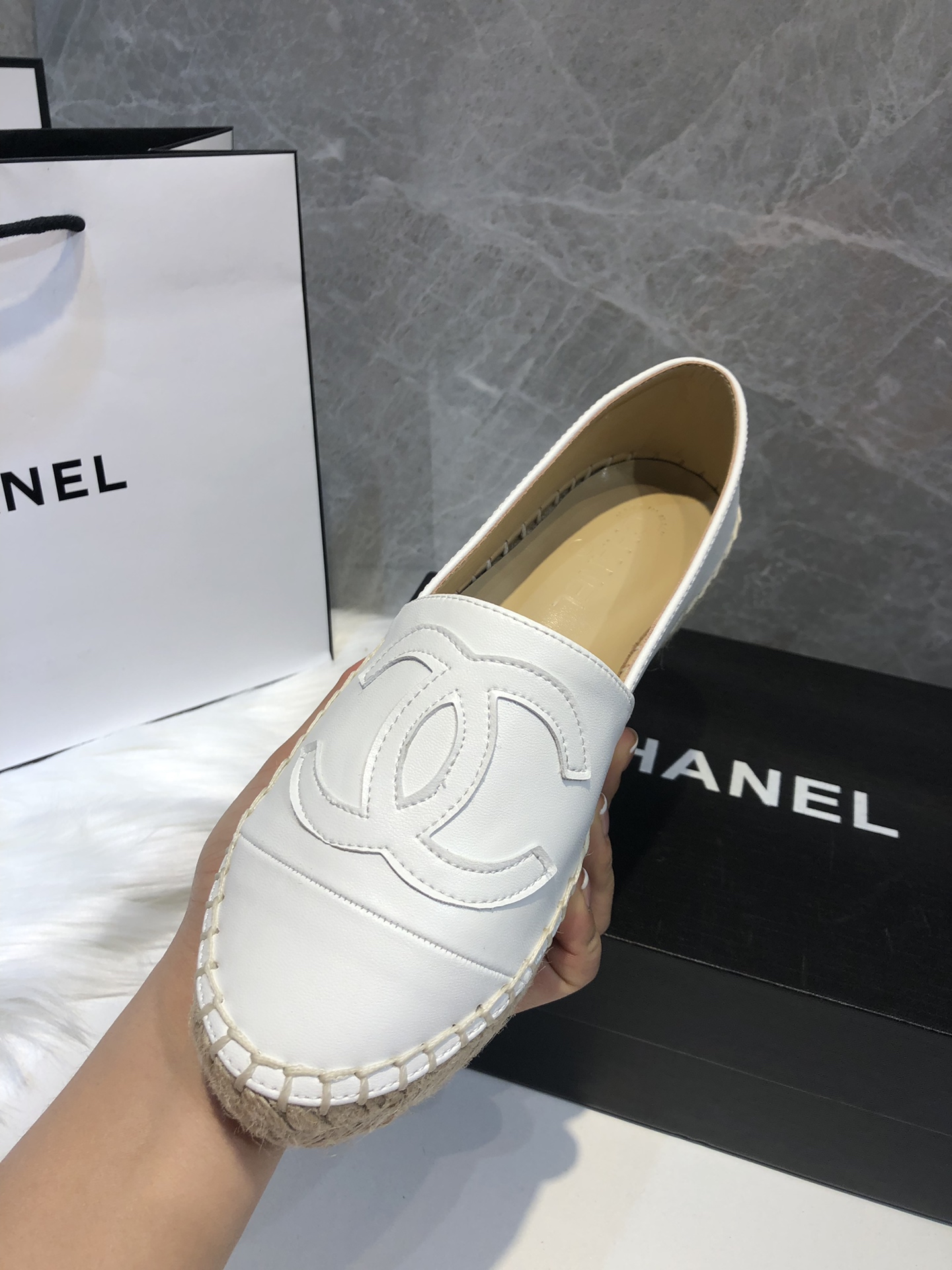 Chanel Embroidered Espadrille Leather Cap Toe Flats White