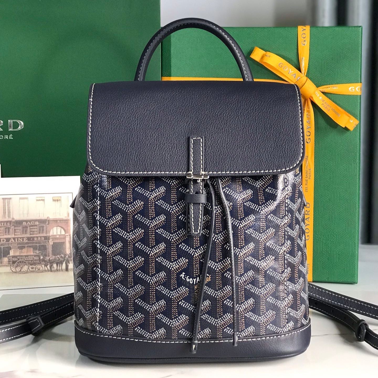 Goyard Alpin Mini Backpack 21cm Navy Blue Lambskin And Goyardine Canvas