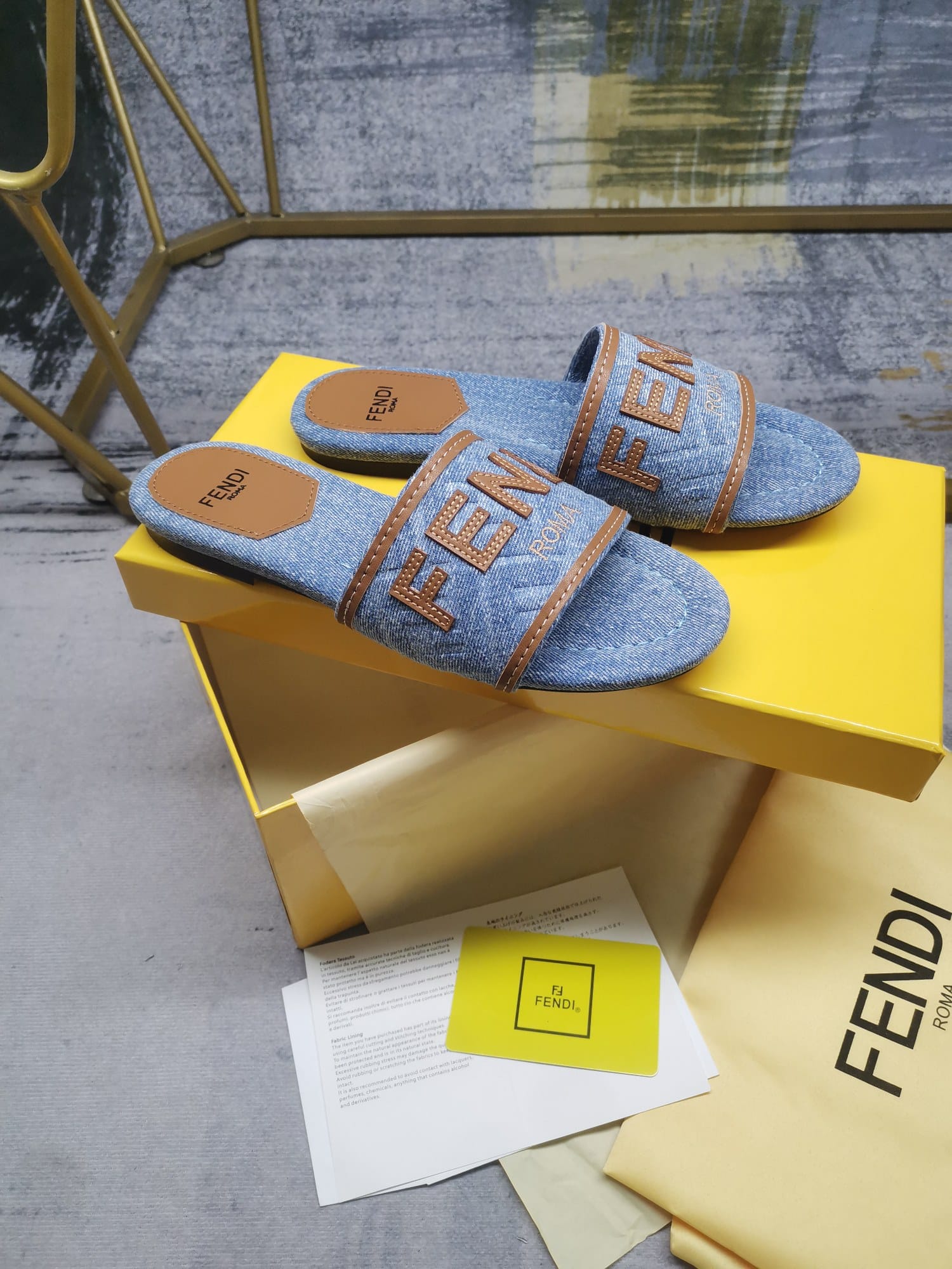 Fendi Signature Light Blue Denim Slides
