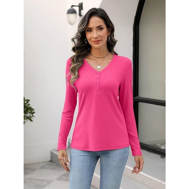 Women's Long Sleeve V‑Neck Henley Tops