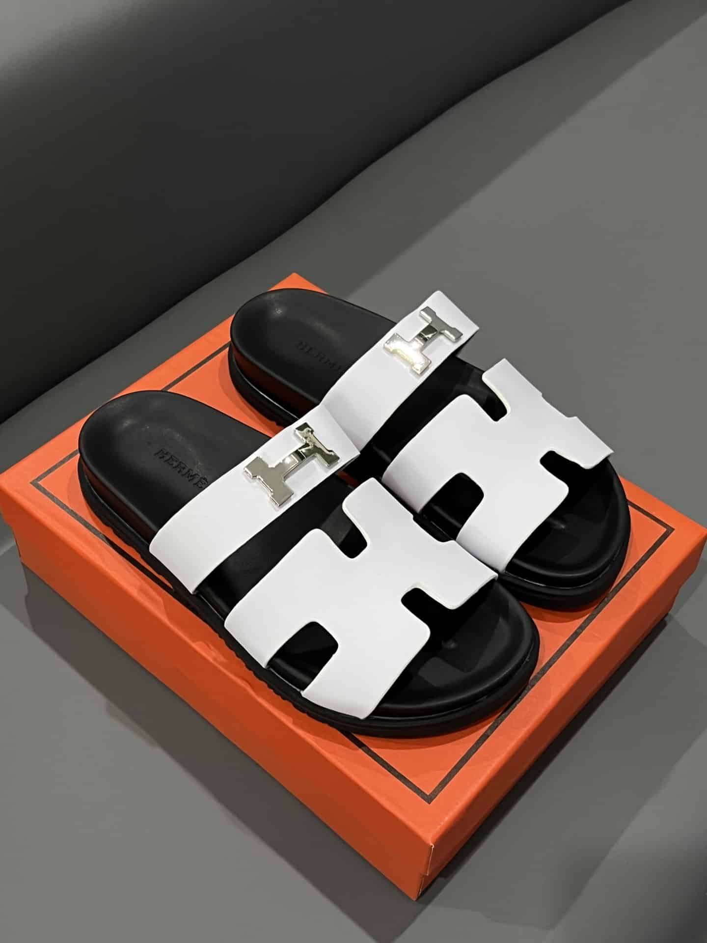 Hermes Chypre Sandal H Logo Silver Hardware White