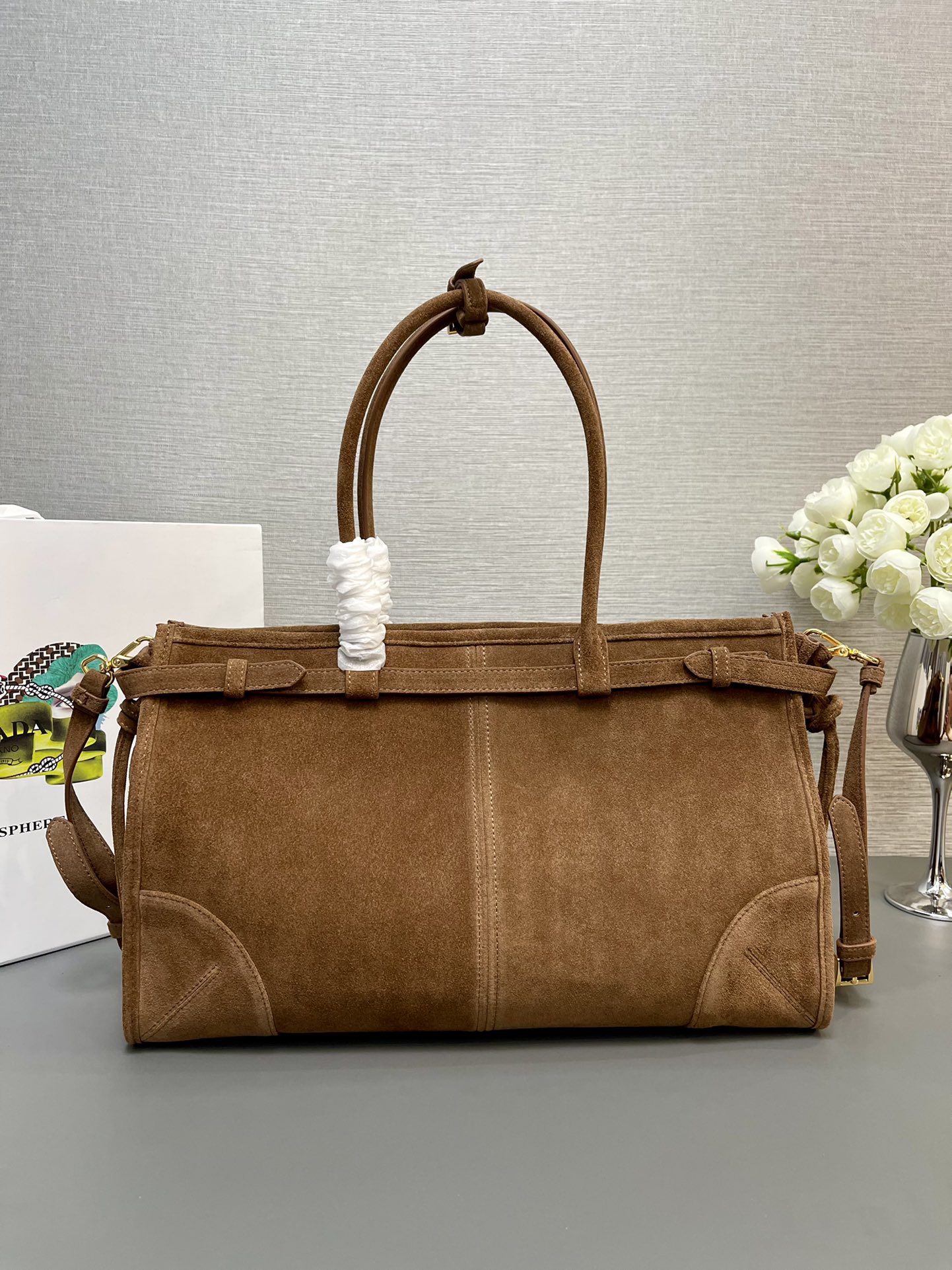 Prada Bonnie Large Suede Handbag Cocoa Brown 38cm