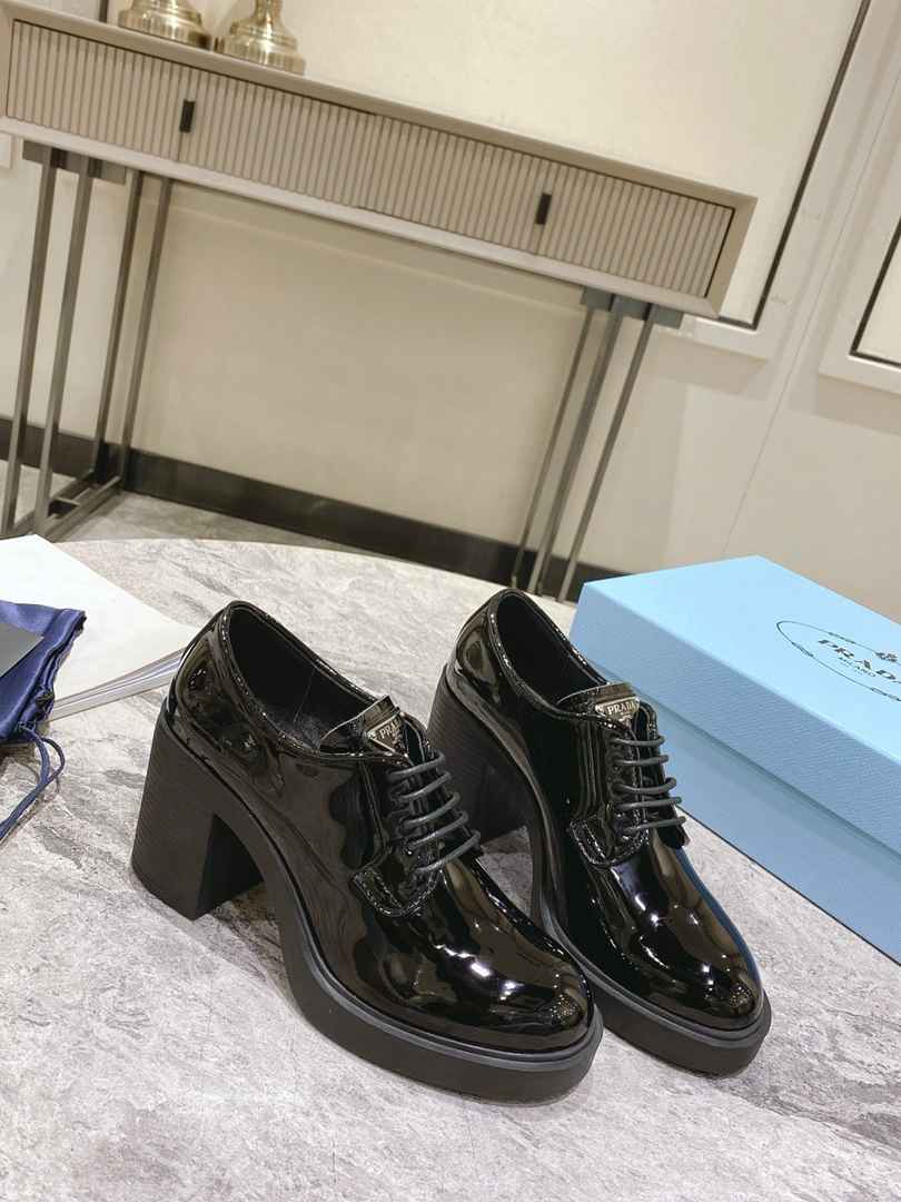 Prada Heeled Brushed Leather Lace-Ups Shiny Black