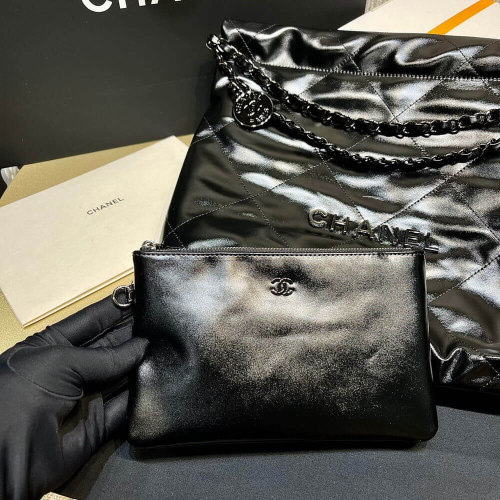 Chanel 22 Small Handbag Shiny Calfskin Black with Black logo