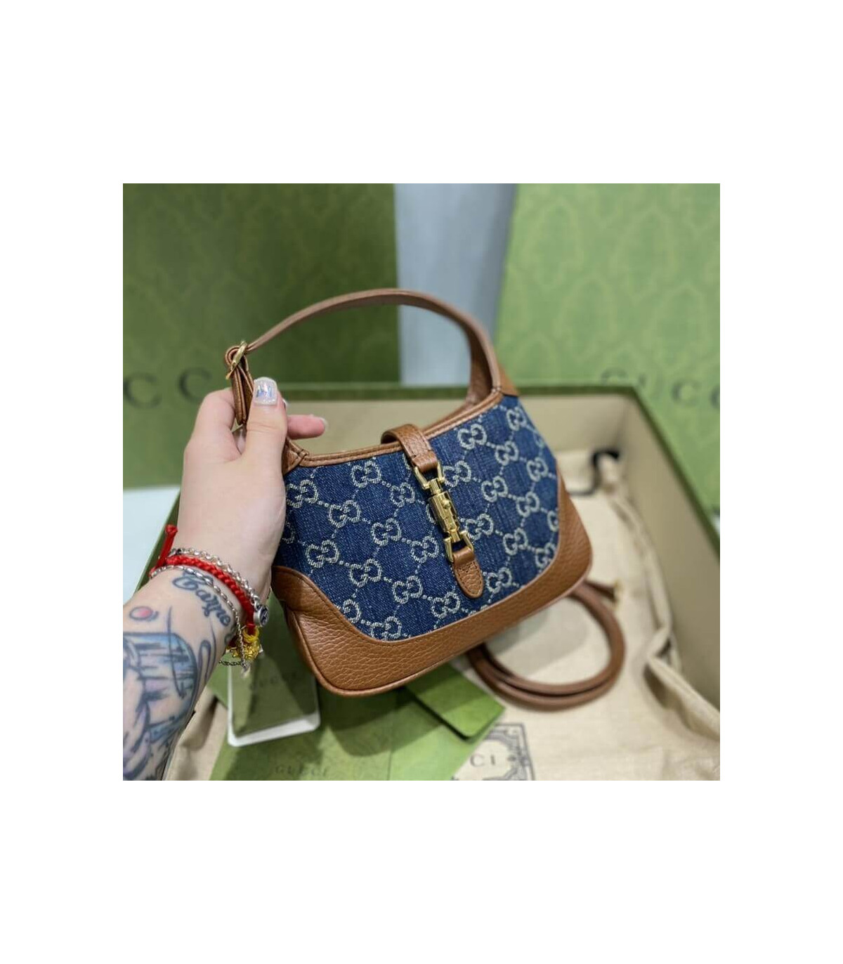 Gucci Jackie 1961 Mini Shoulder Bag in Blue Jacquard Denim 19cm