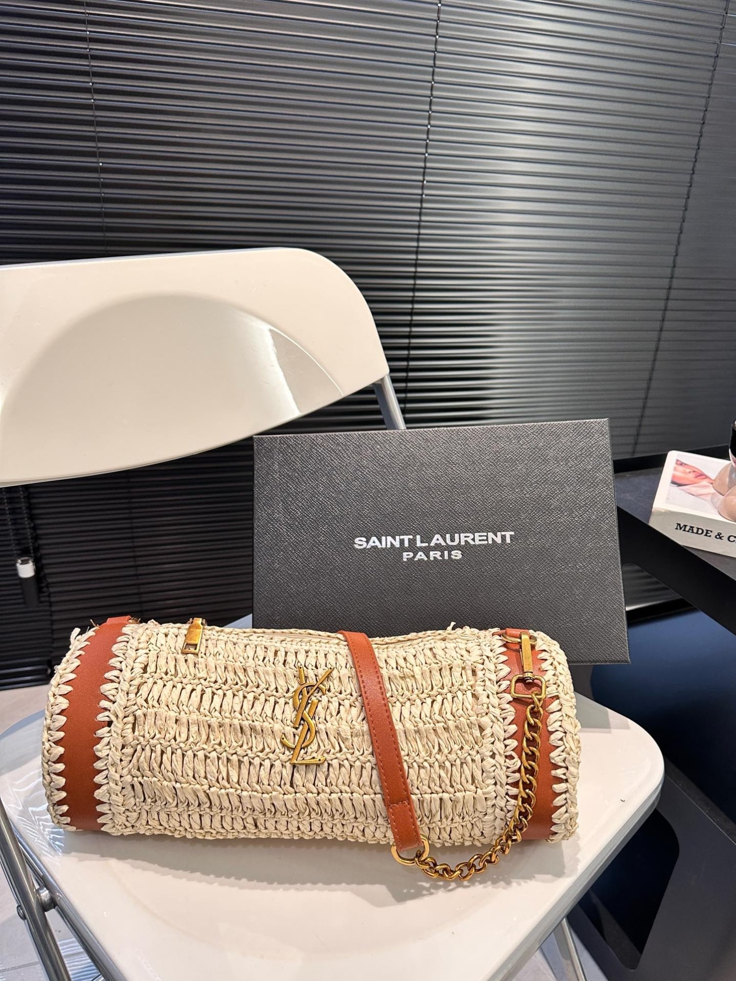Saint Laurent Sade Raffia Tube Bag In Natural 33Cm