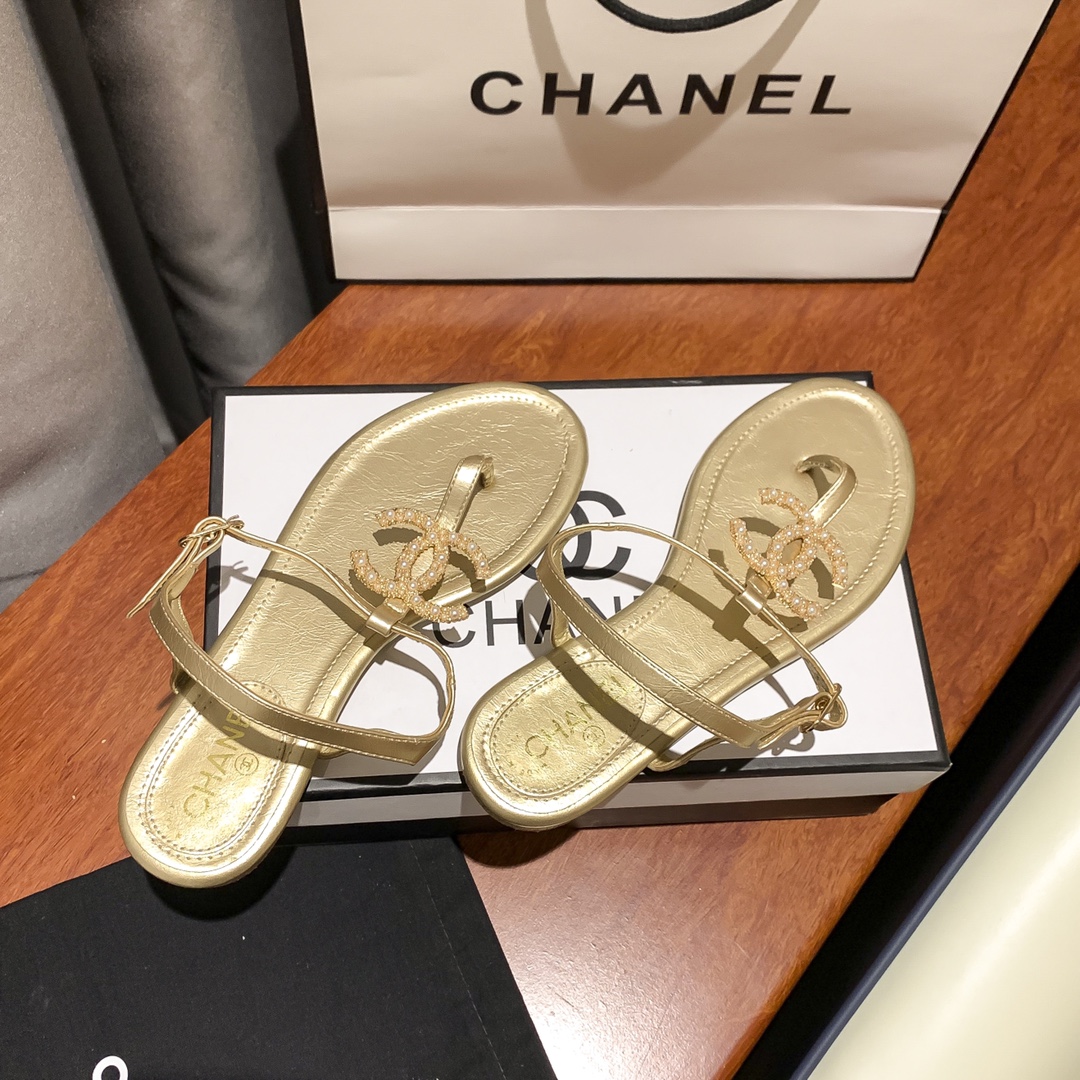 Chanel Gold Pearl Cc Logo Thong Sandals Golden