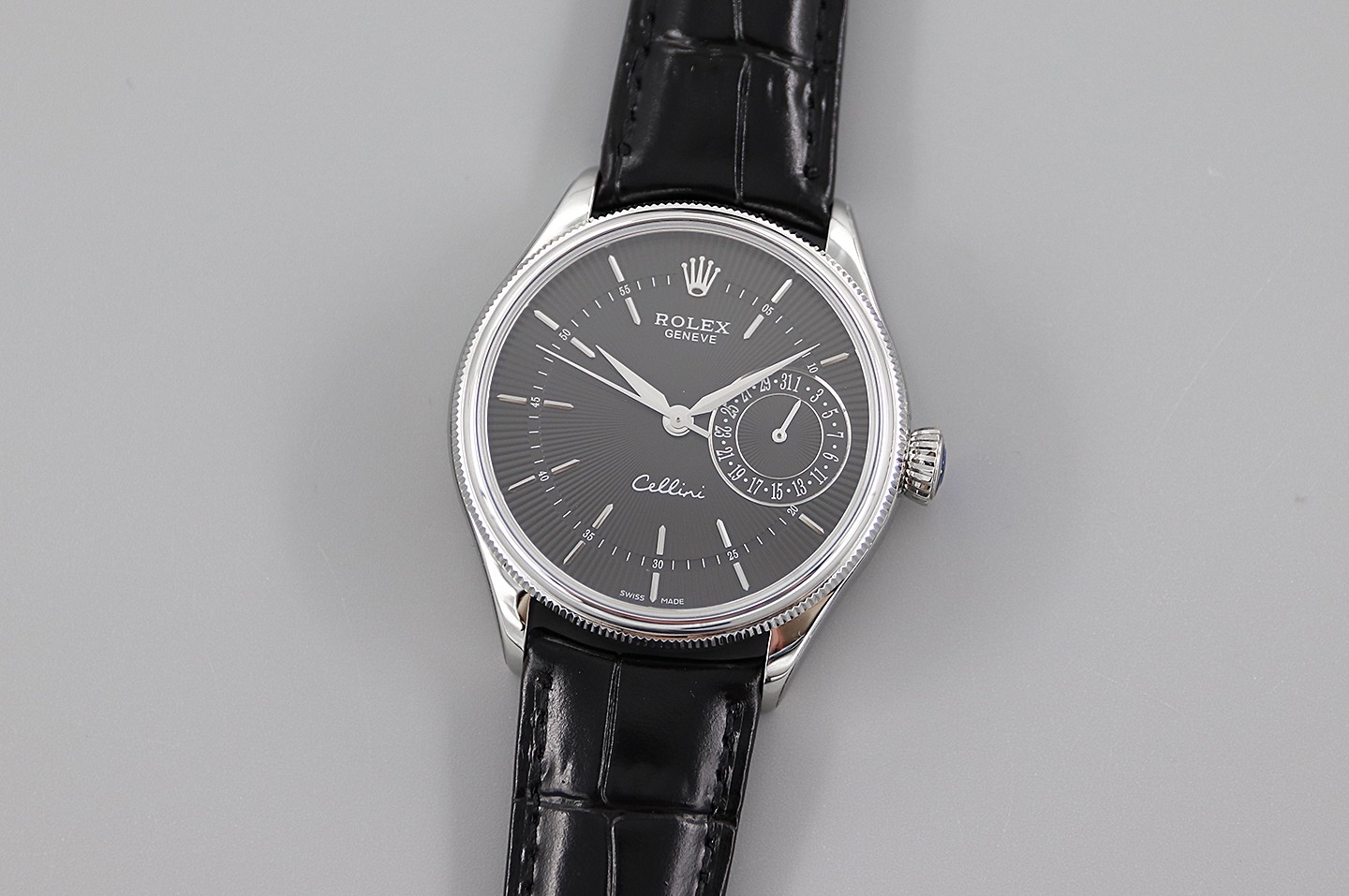【Super Clone】Rolex Cellini Date 50519 Black Leather Black Dial 39mm Mens Replica Watch
