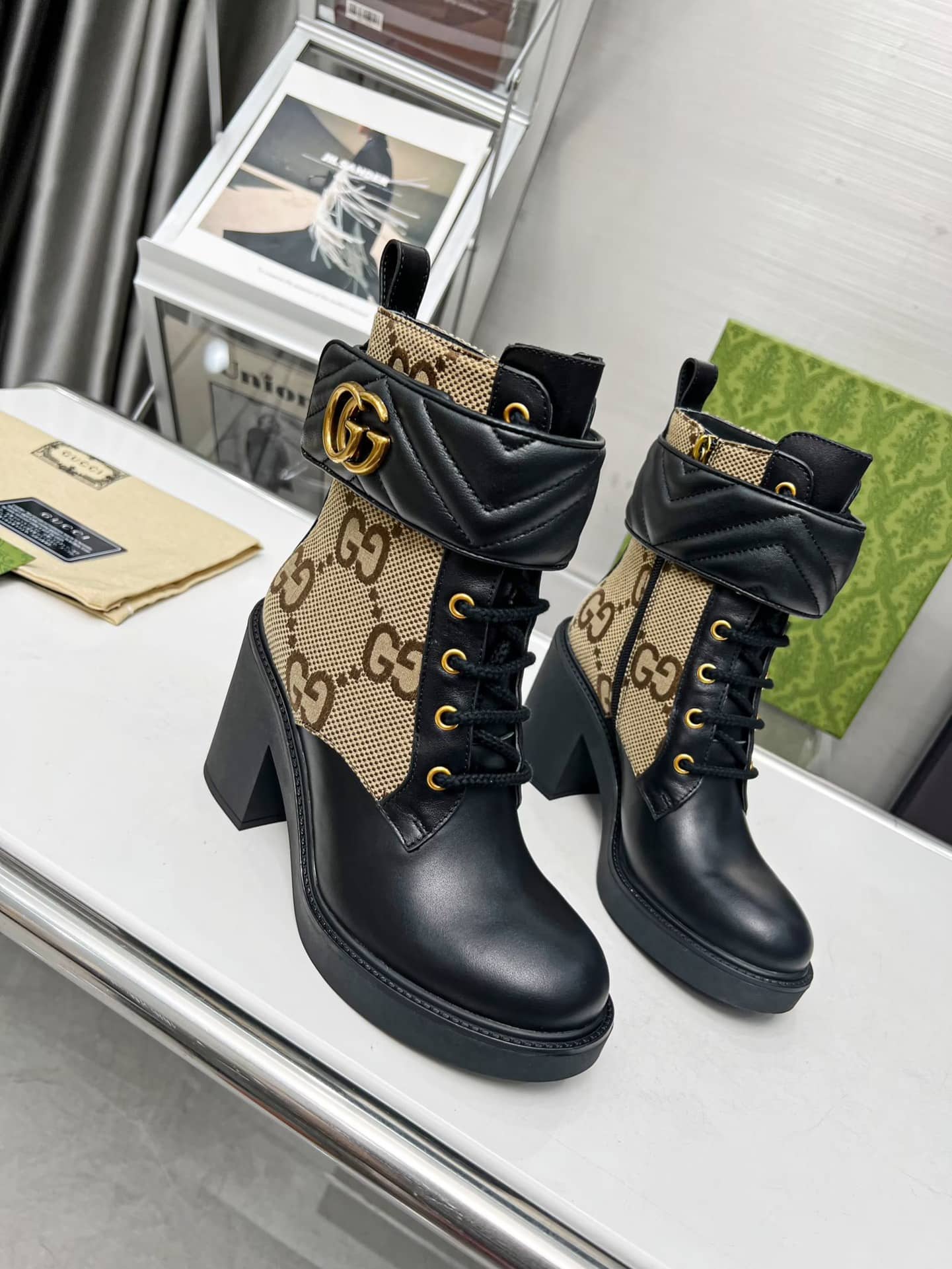 Gucci With Double G Ankle Boots Camel Ebony 719849 Aabd0 1183