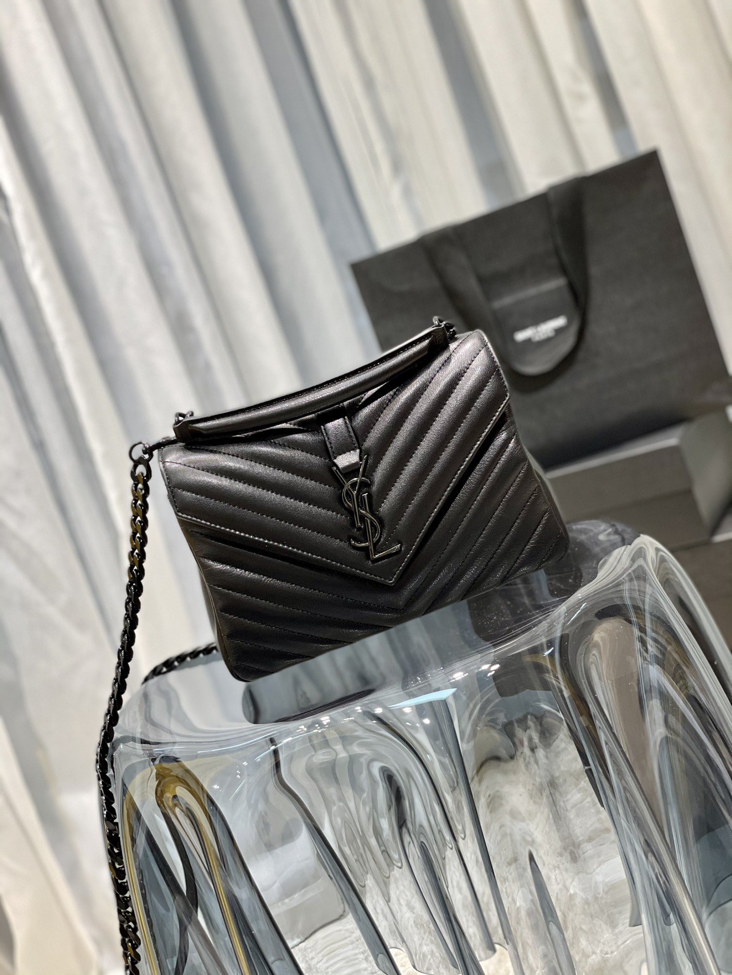 Saint Laurent College Medium Chain Bag In Quilted Leather Black Noir 24Cm