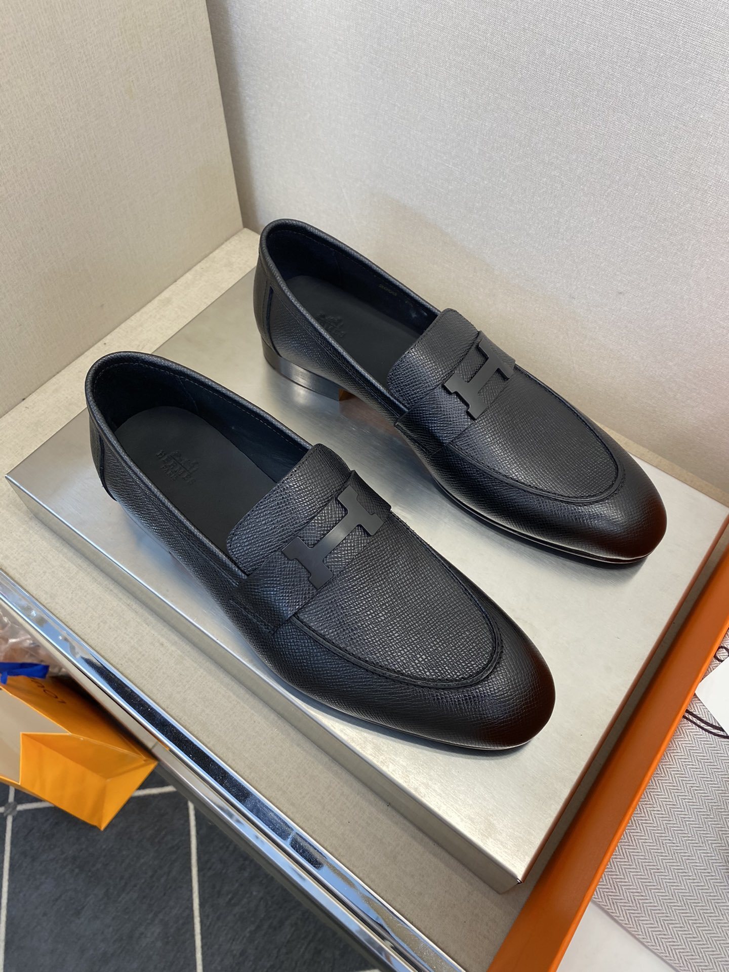 Hermès H-Buckle Polished Black Leather Loafers for Men