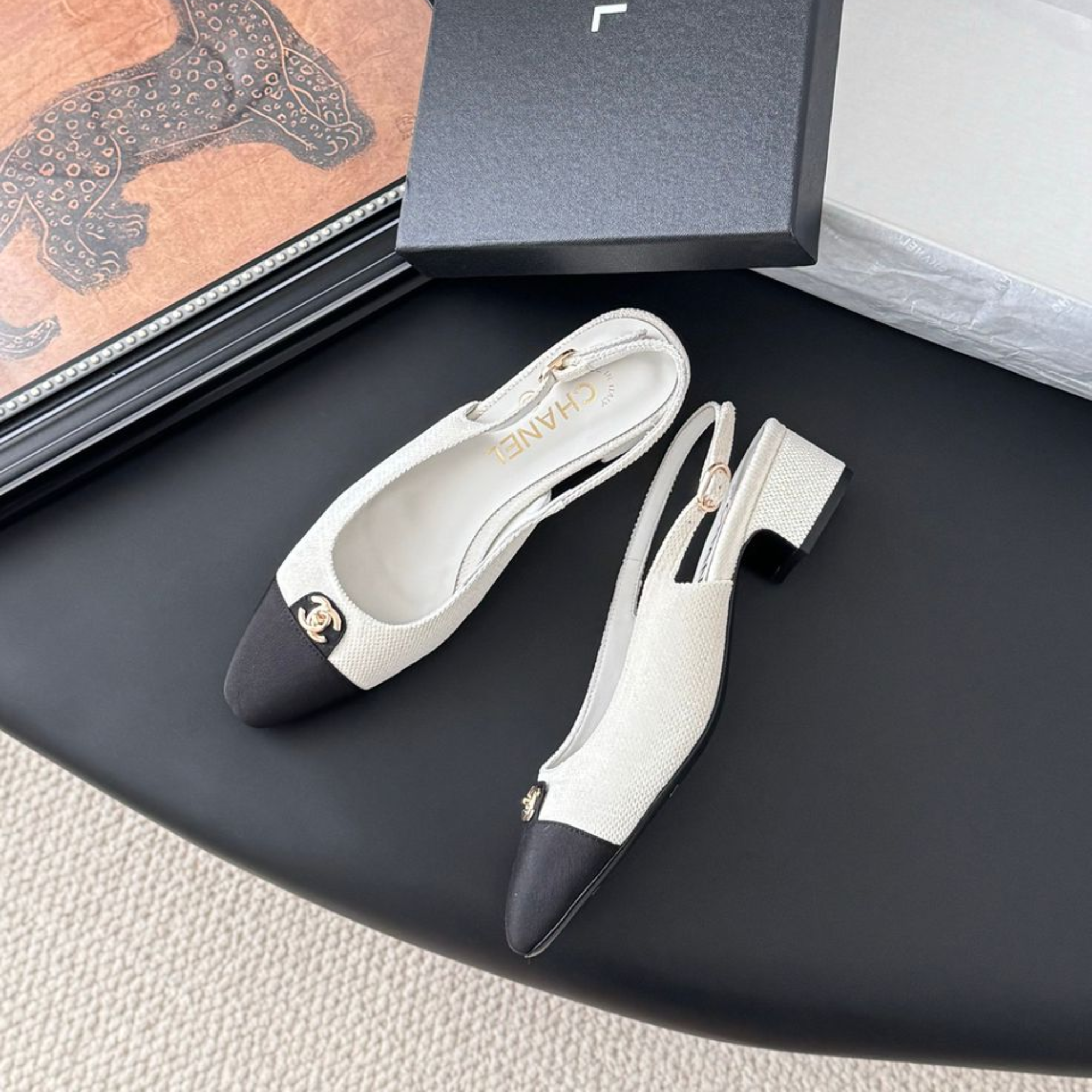 Chanel Iridescent Tweed Cap Toe CC Slingback Flats White Black