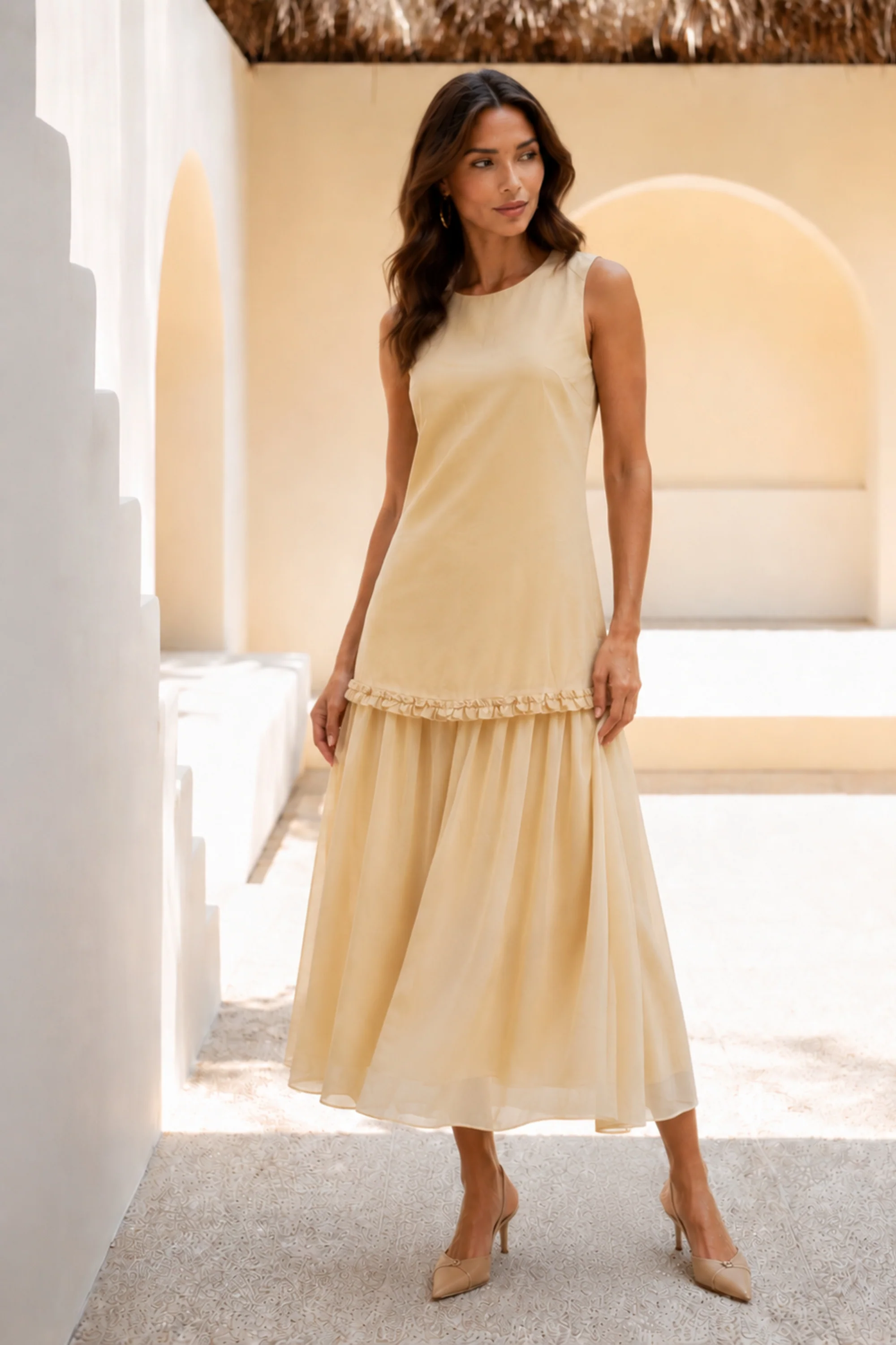 Butter Linen Layered Chiffon Dress