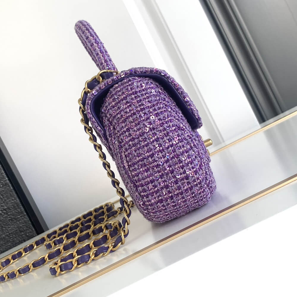 Chanel Mini Sequin Flap Bag with Top Handle Purple Tweed