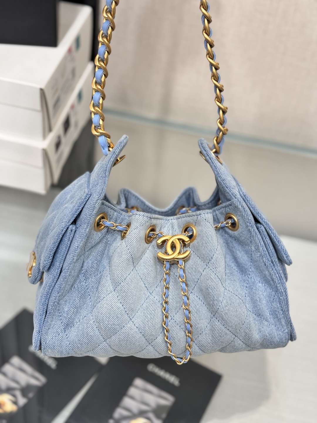 25 Small Hobo Bag (AS5293) in Light Blue Washed Denim & Antique Gold-Tone Hardware