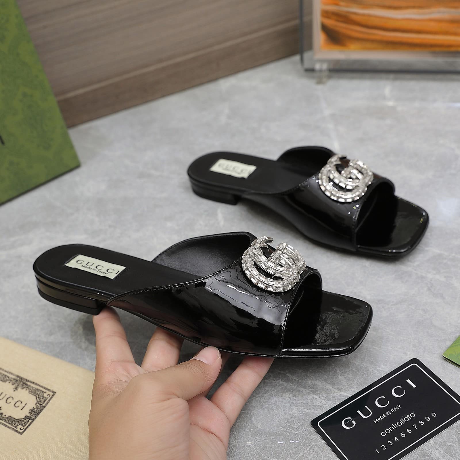 Gucci Gg Crystal Slippers Black