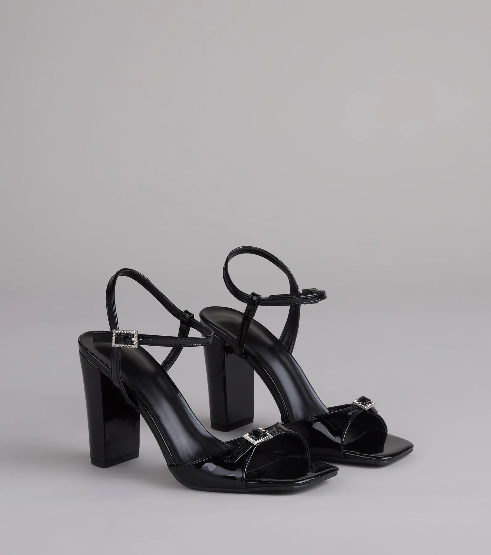 Booked And Busy Rhinestone Buckle Block Heels