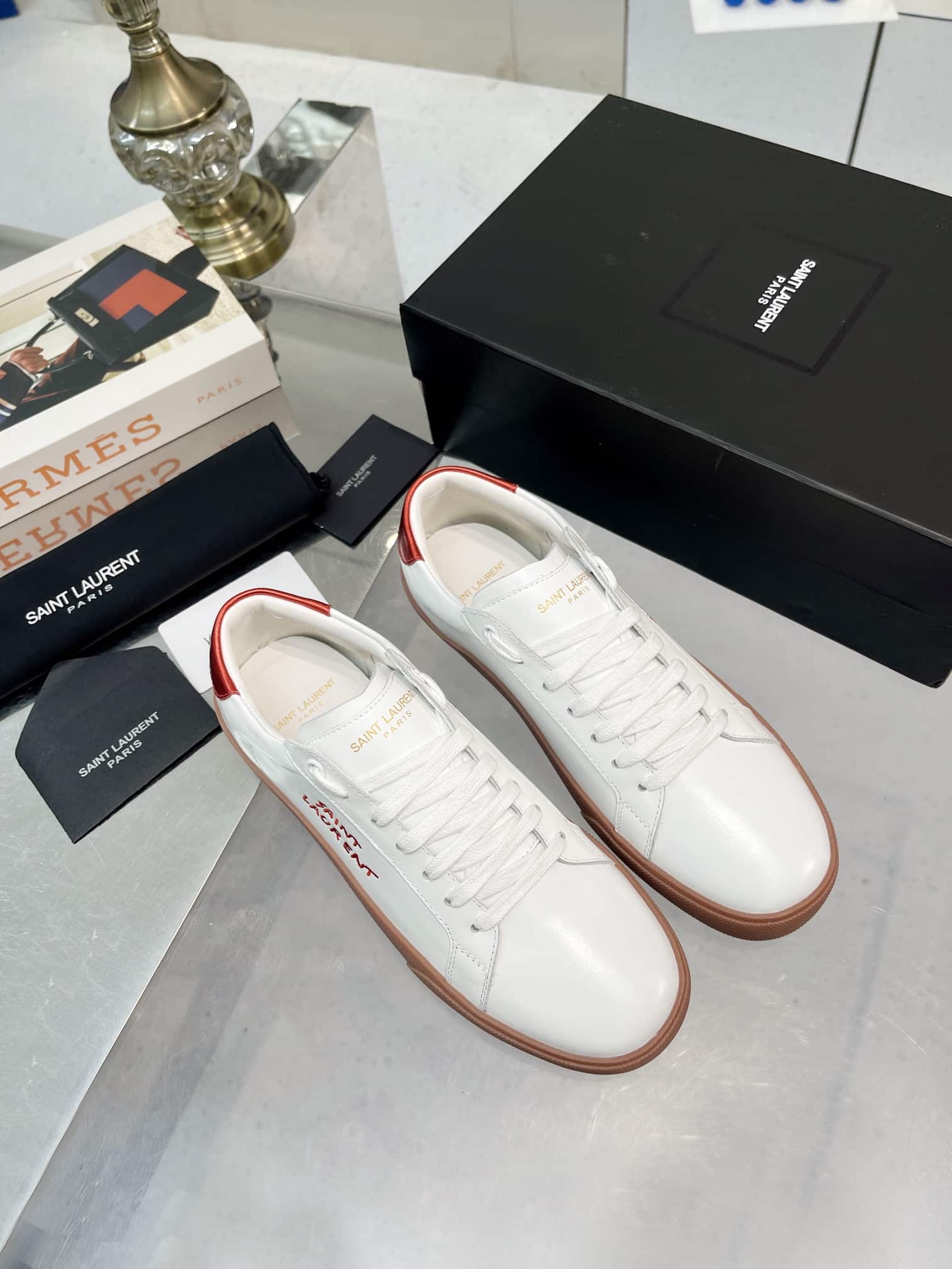 Saint Laurent Court Classic Embroidered Sneakers White And Red
