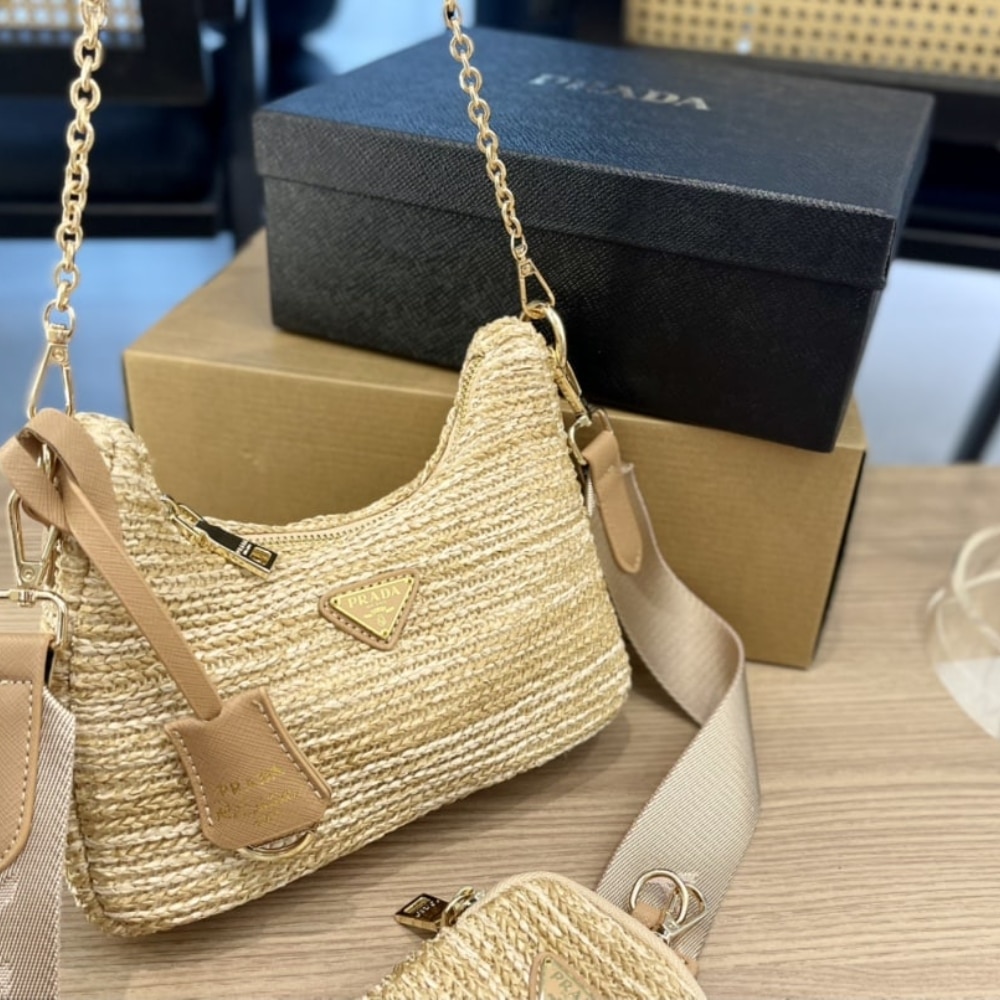 Prada Re Edition 2005 Crochet Bag Raffia Natural Tan 22CM 1BH204 2A2T F0018 V V9L