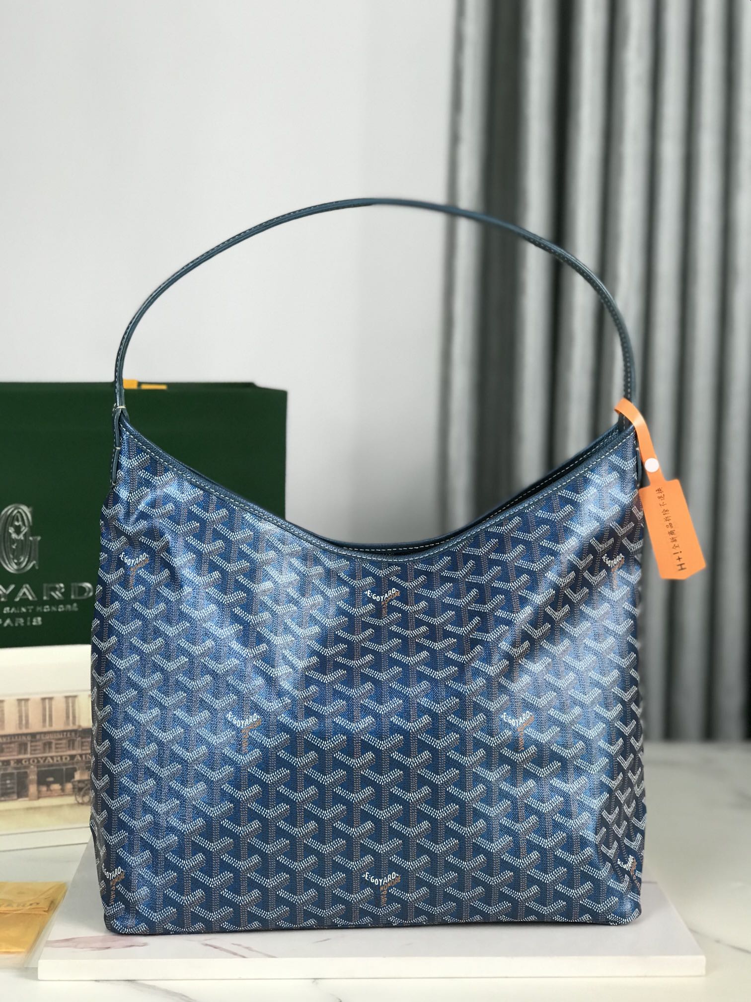 Goyard Bohème Hobo Bag 42Cm Deep Blue Canvas Chevroches Calfskin