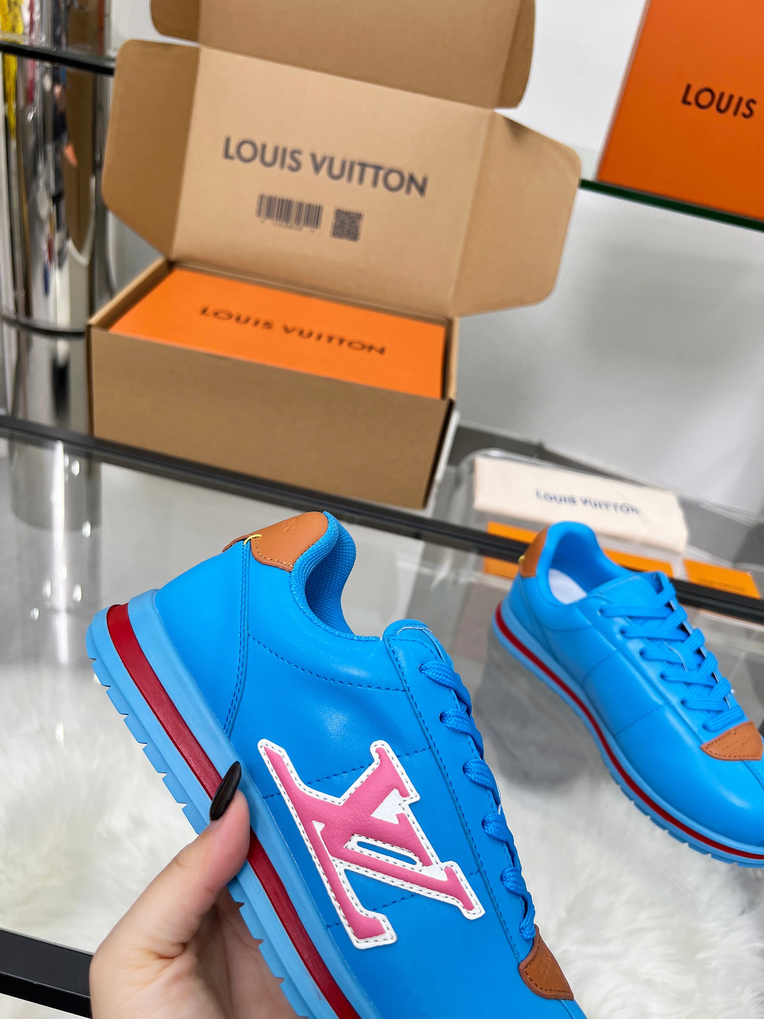 Louis Vuitton LV Trainer Sneaker Blue & Pink – Red Stripe Sole – Women’s Shoes