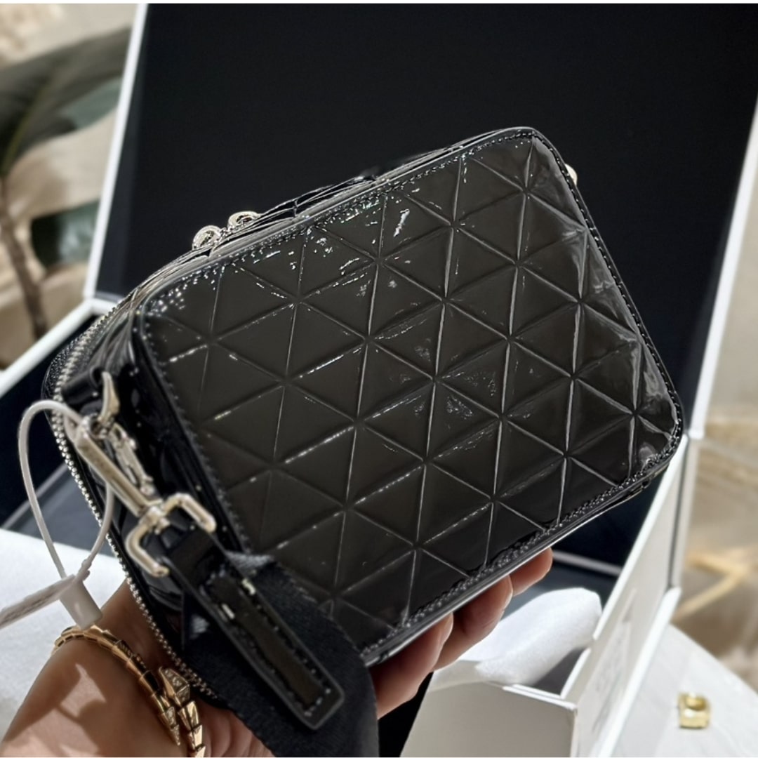 Prada Brique Brushed Leather Bag With Triangle Motif Black 18Cm