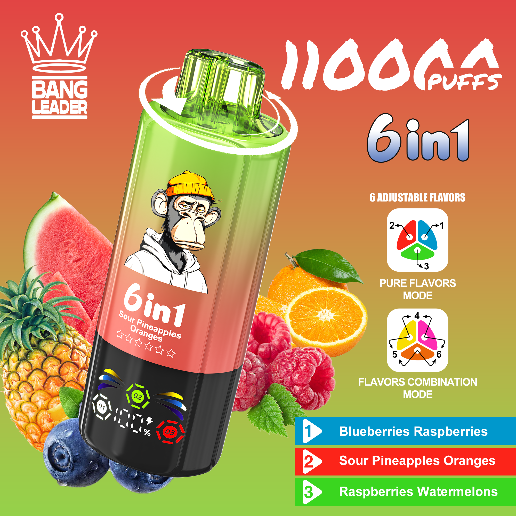 Bang Leader 110K Puffs 6-in-1 Prefilled  Vape | 6 Flavors in 1 Device,  Rechargeable, 3%/5%
