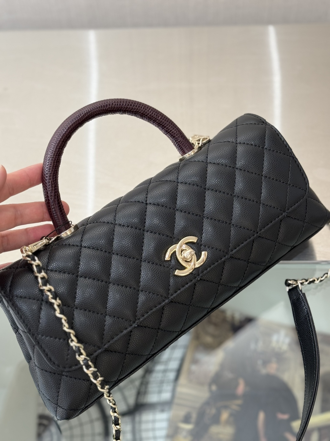 Cruise 2026 Black Quilted Grained Calfskin Top Handle Flap Bag with Burgundy Lizard-Skin Handle & Gold-Tone Hardware