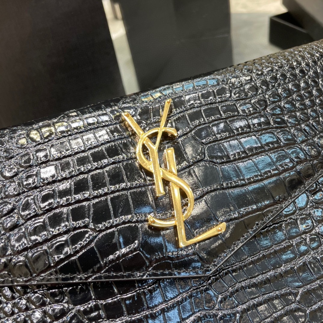 Saint Laurent Uptown Pouch In Crocodile Embossed Shiny Leather