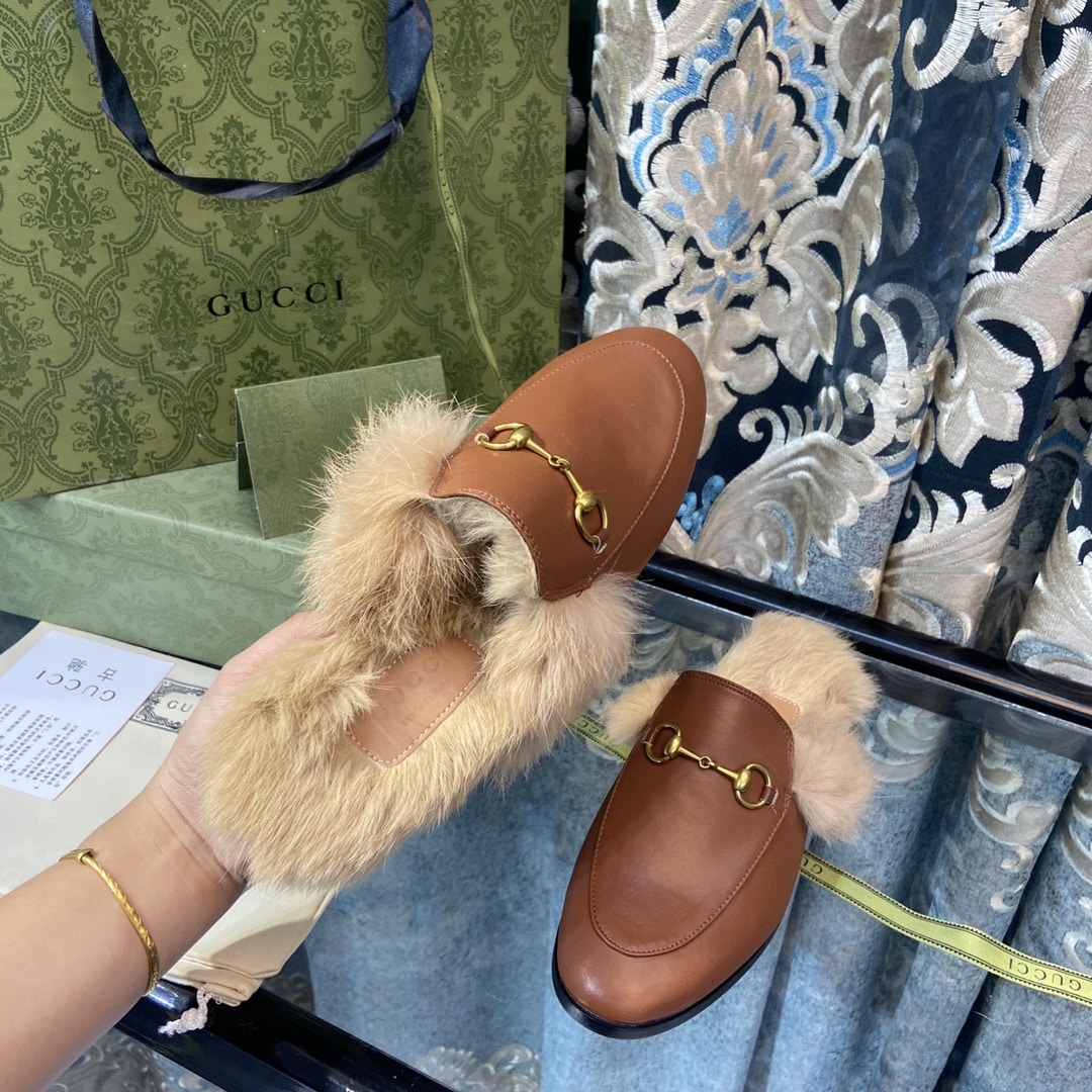 Gucci Princetown Furlined Leather Slippers In Brown