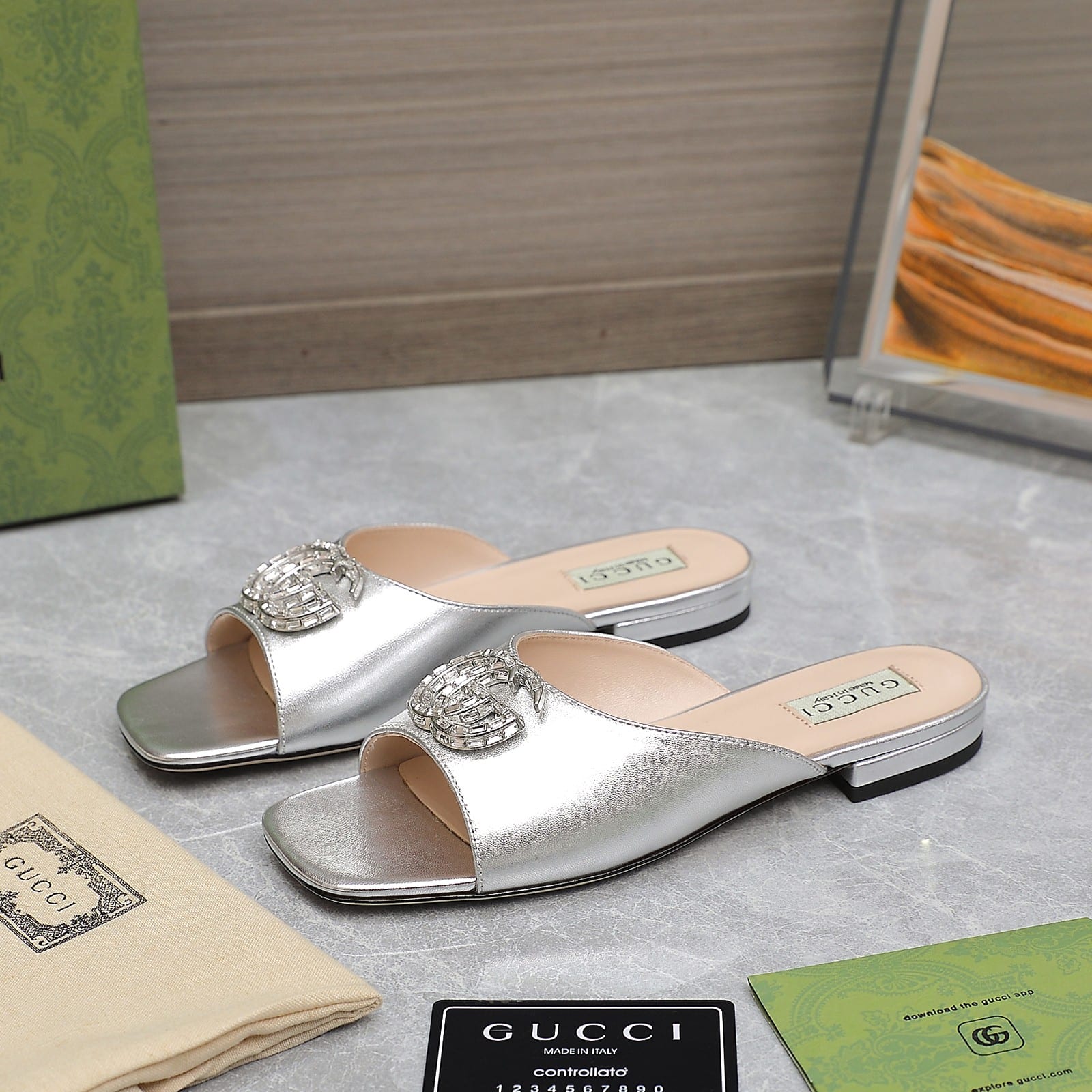 Gucci Gg Crystal Slippers Silver