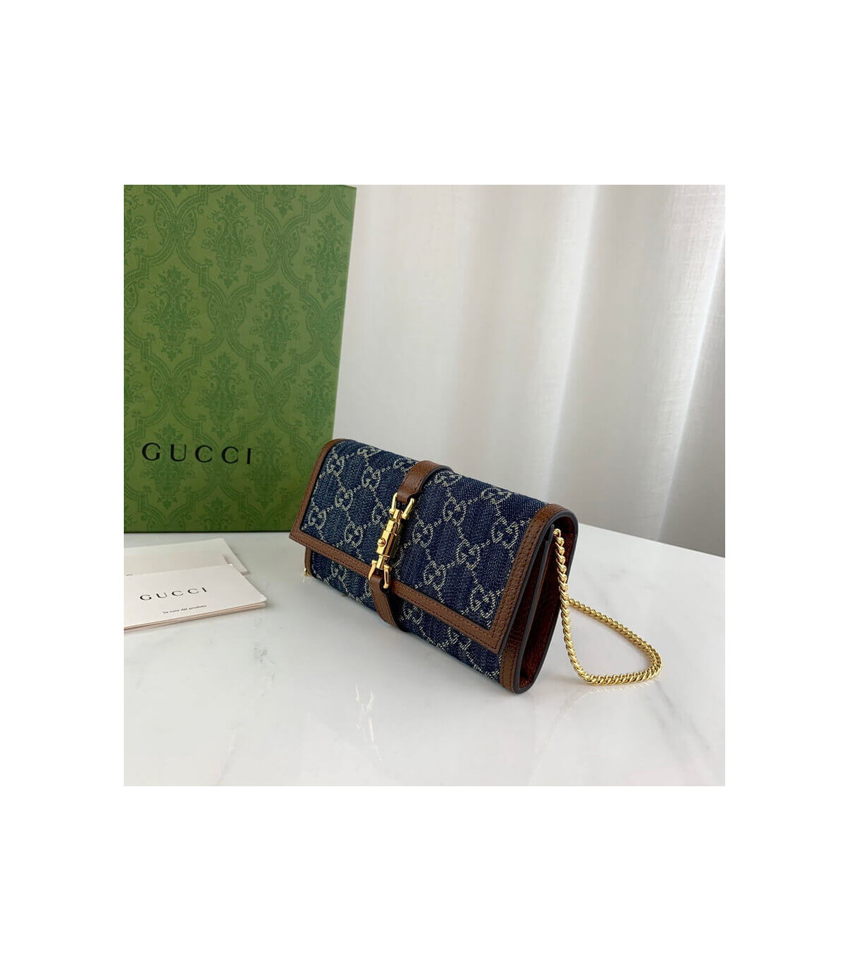Gucci Jackie 1961 Chain Wallet in Blue Denim 19cm
