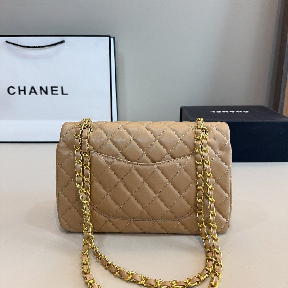 Chanel Medium Classic Double Flap Beige Gold Hardware 25Cm