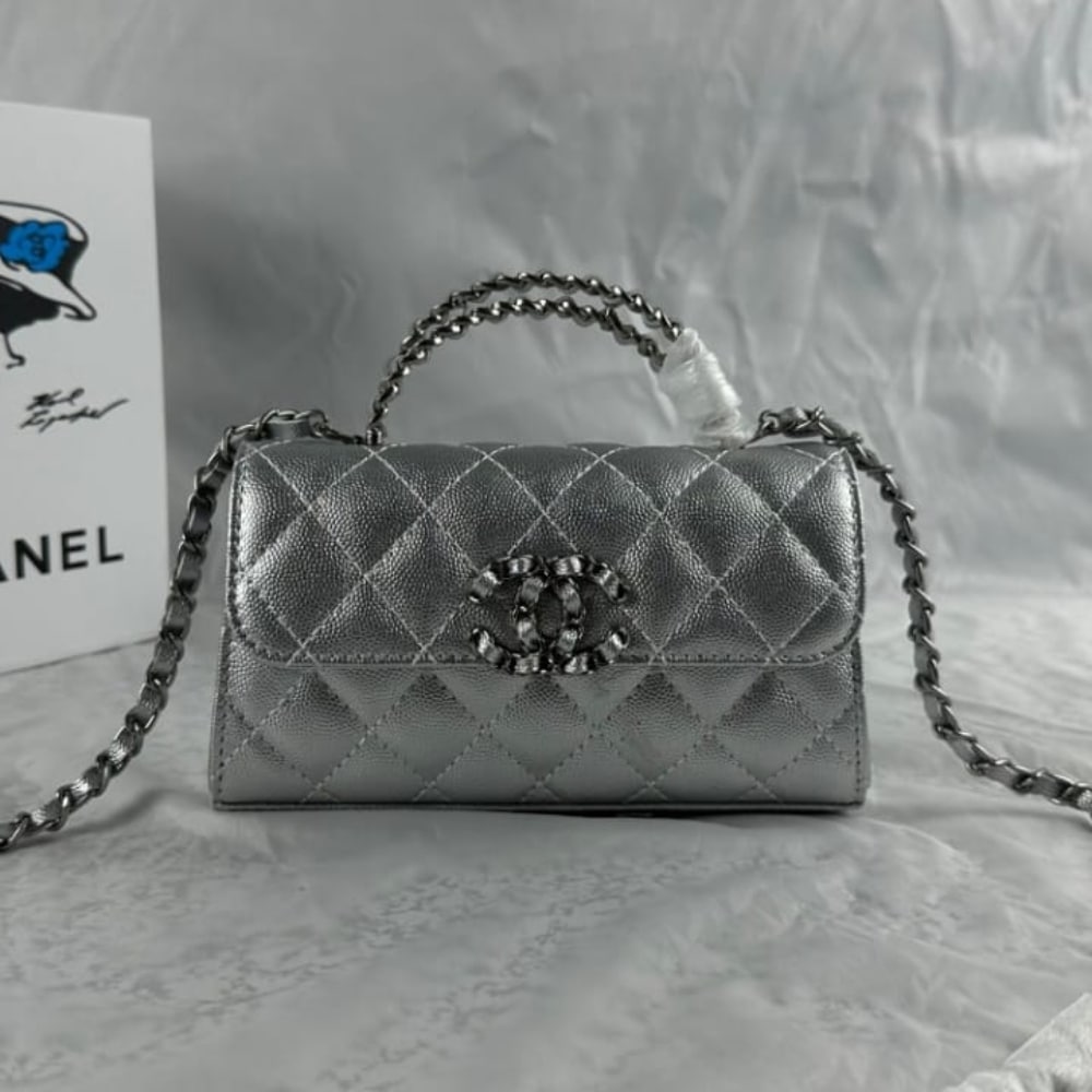 Chanel 23P Clutch With Chain Bag Grained Leather Silver 18cm