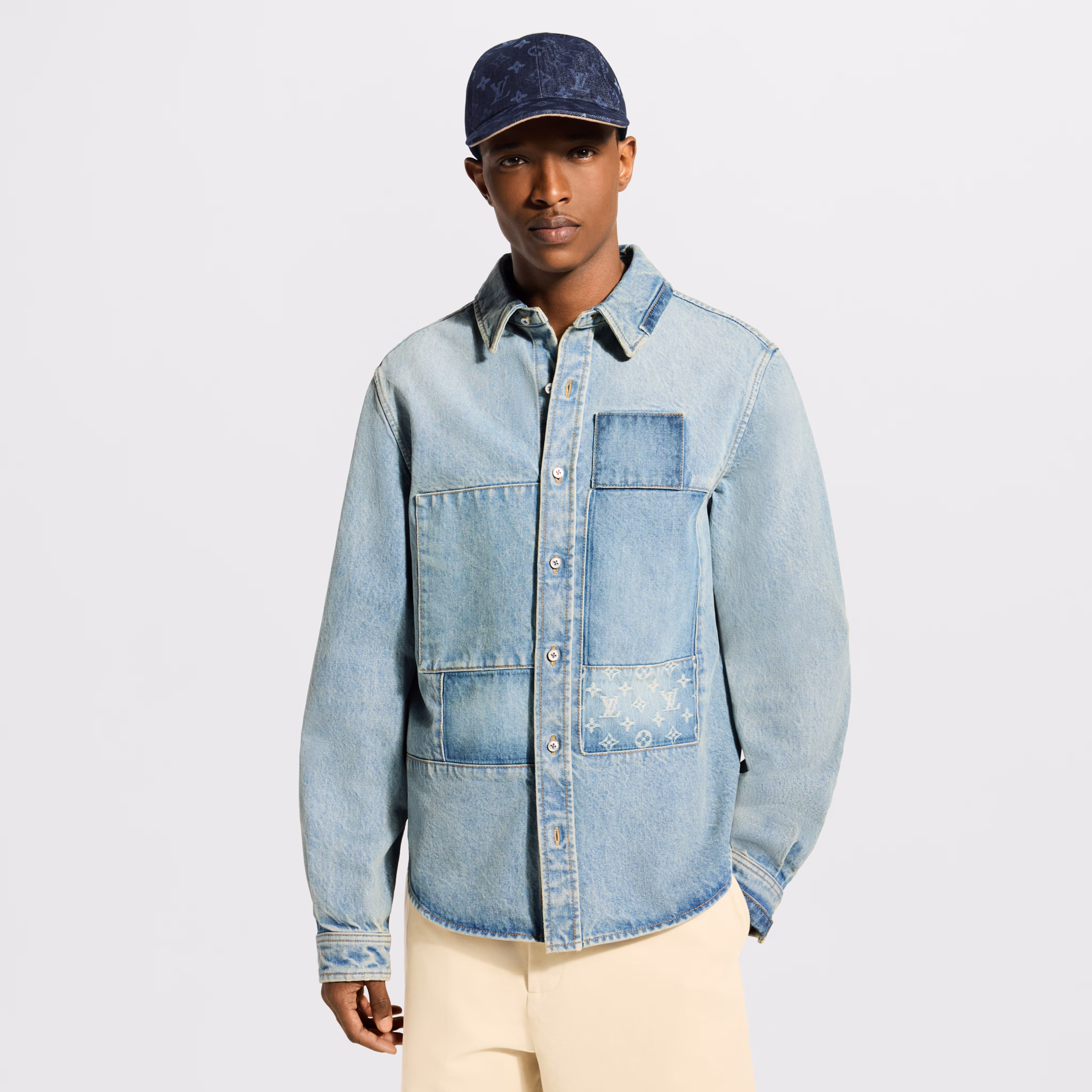 LV 1AK7A6 2026 Early Autumn Menswear Collection Iconic patchwork denim long-sleeved shirt