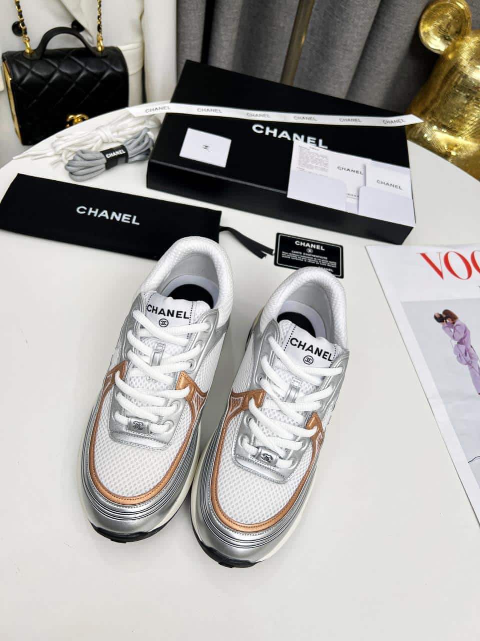 Chanel 23C Silver Metallic Cc Logo Lace Up Flat Runner Trainer Sneaker White Yellow