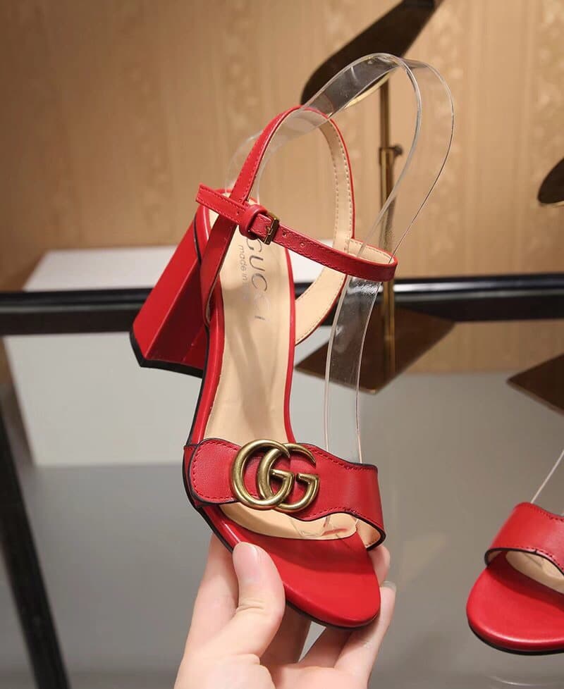 Gucci Double G Leather Mid Heel Sandal Red ?453379 A3N00