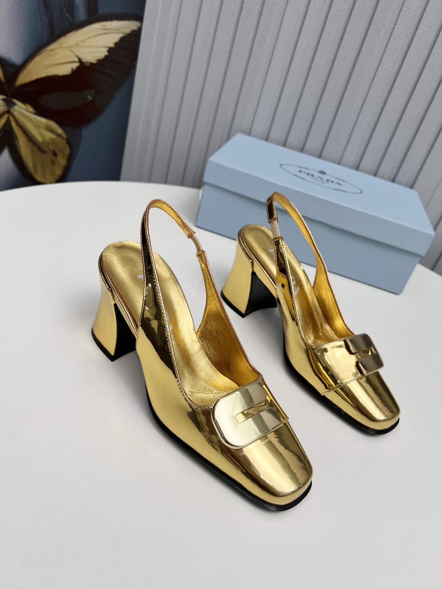 Prada Leather Slingback Pumps Gold