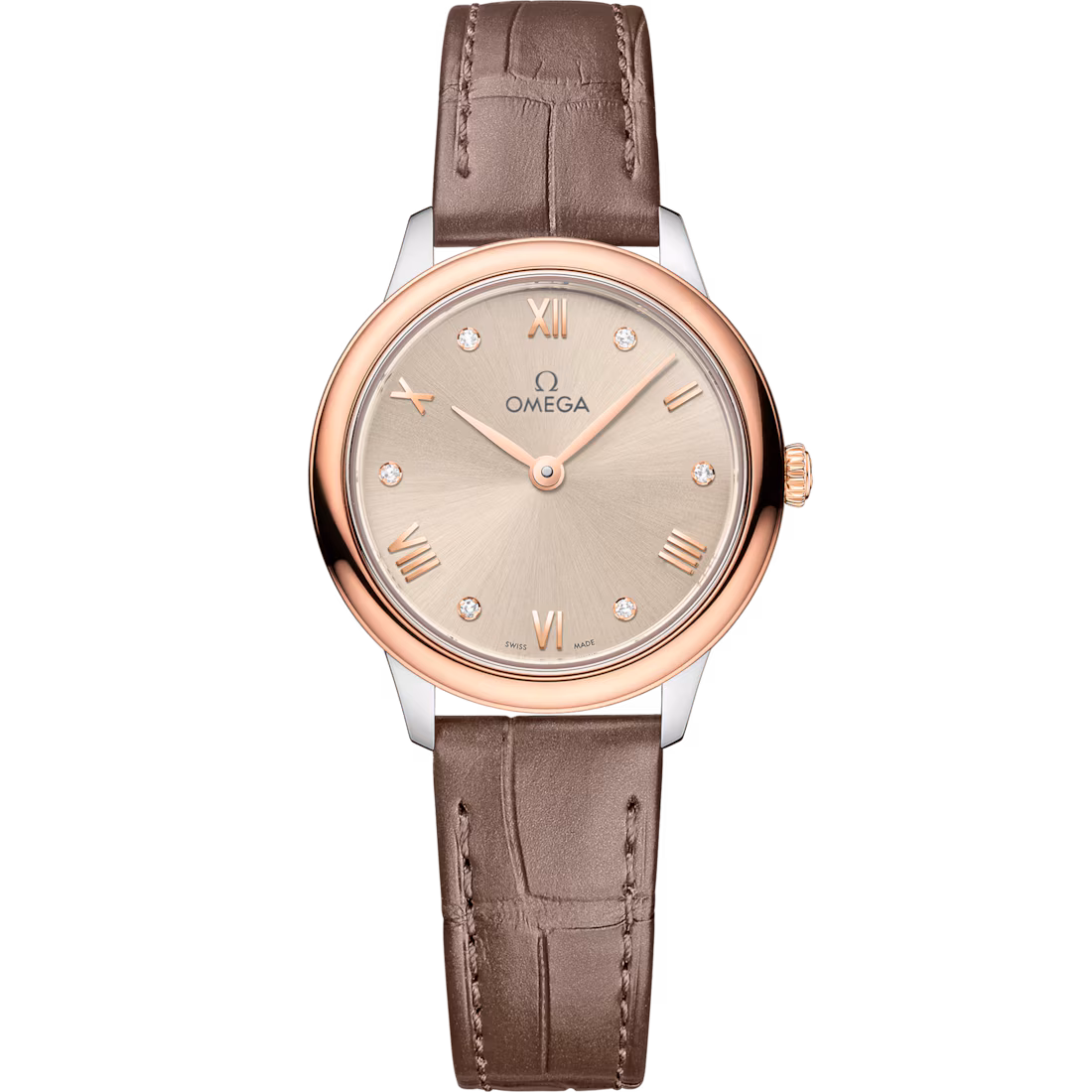 Omega De Ville Prestige Quartz 27.5mm Linen Diamond Dial Taupe Leather Strap Women's Watch 434.23.28.60.59.001
