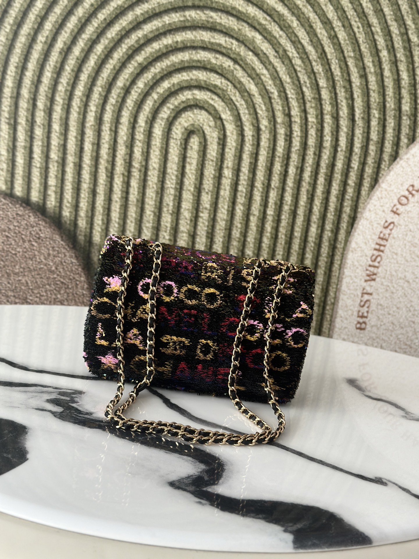 Cruise 2023 LA DISCO Multicolor Sequin Mini Classic Flap Bag with Gold-Tone Hardware