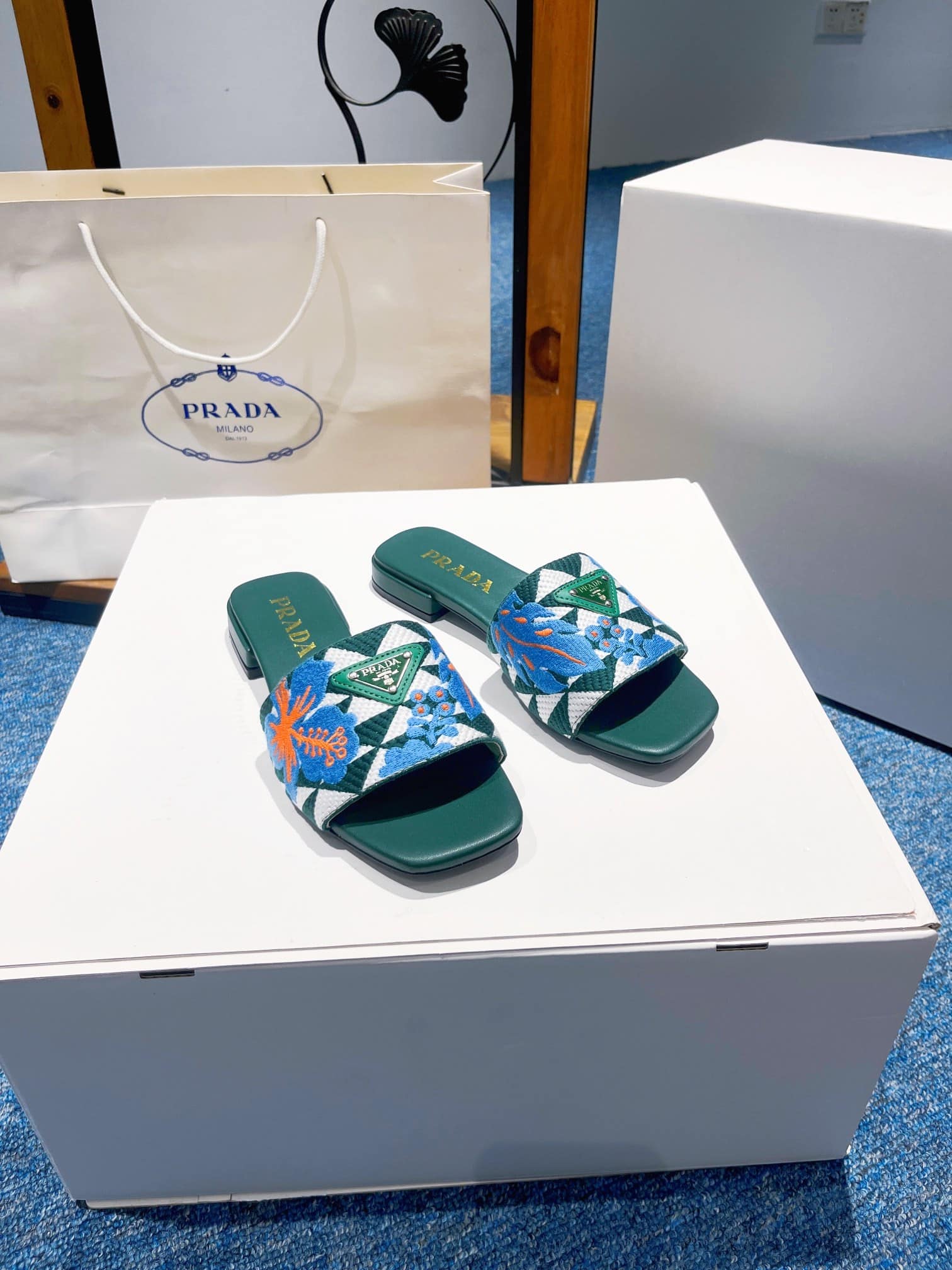 Prada Jacquard Logo Slides Green