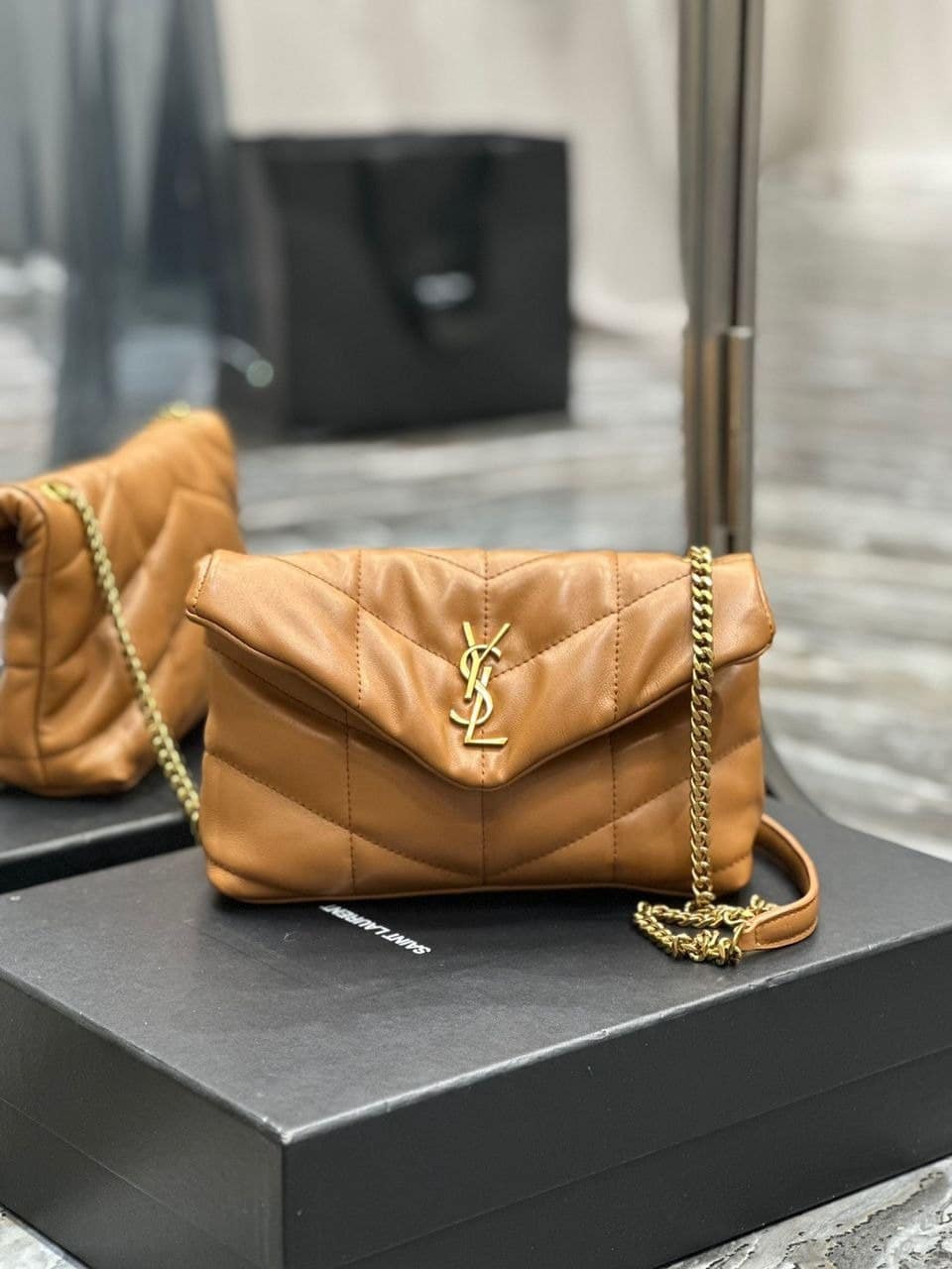 Saint Laurent Puffer Toy Bag In Quilted Light Brown 26Cm