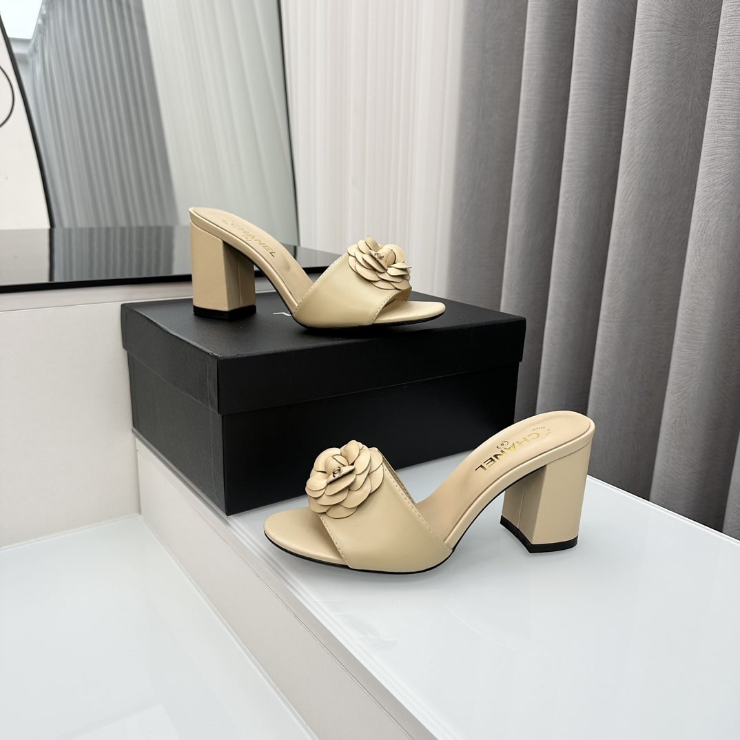 Chanel Camellia Medium Heel Slippers Beige