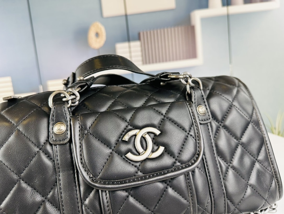 Chanel Casual Riviera Bowling Bag Quilted Calfskin Medium Black 32Cm/12.6in
