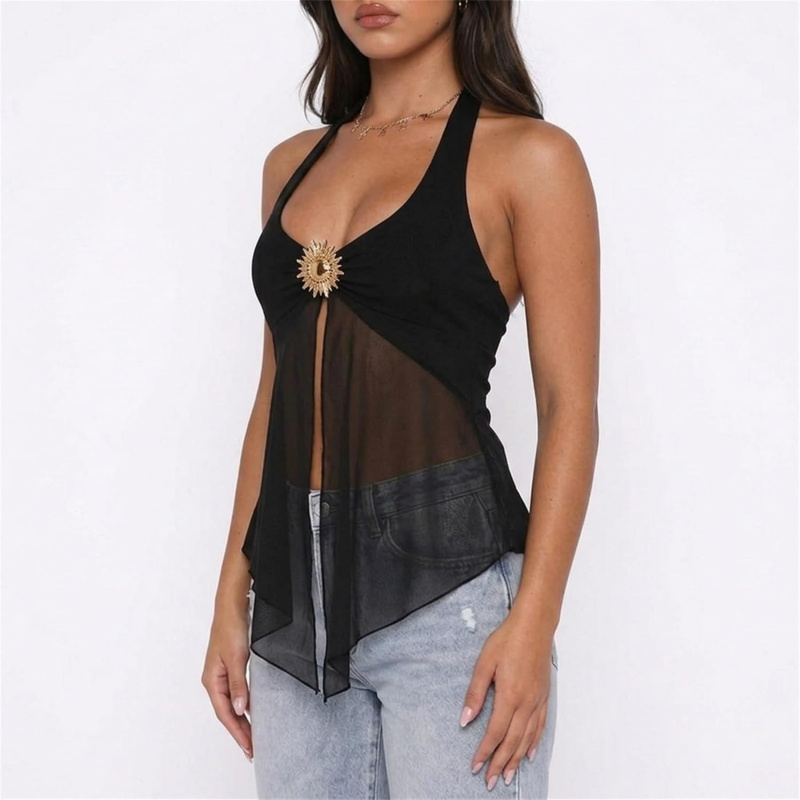 Usweetie Women Y2K Sexy Sheer Mesh Flowy Halter Top