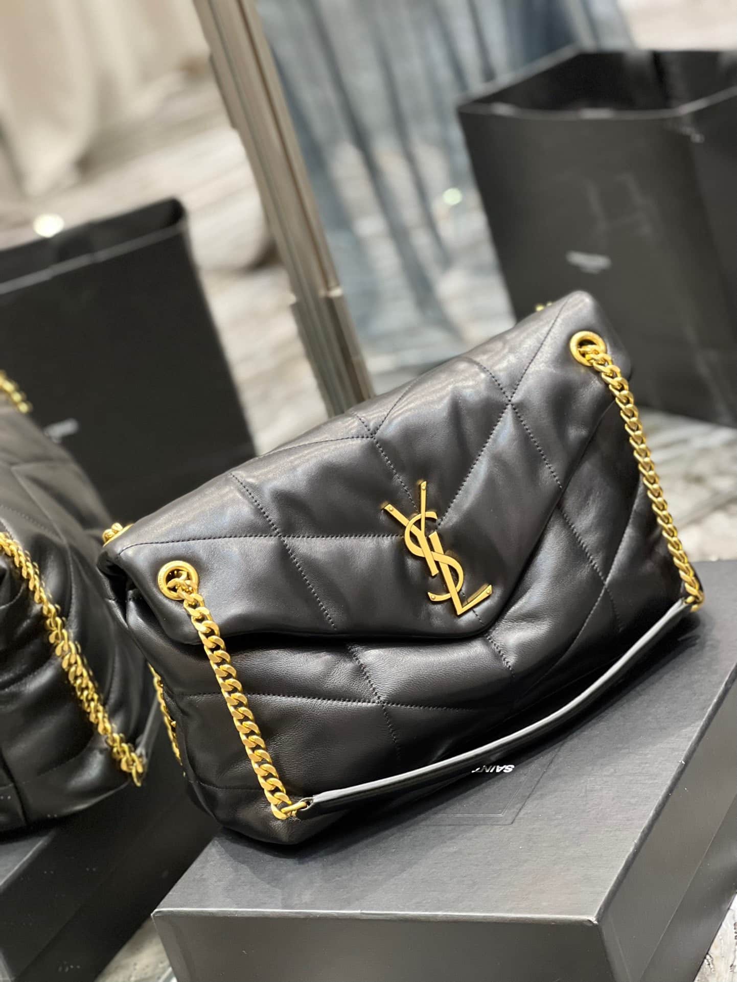 Saint Laurent Puffer Medium Chain Bag In Quilted Gold Toned Metal