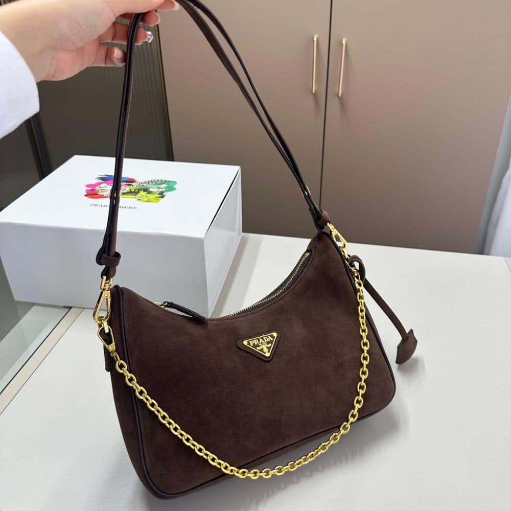 Prada Re Edition Mini Suede Shoulder Bag Dark Brown 28Cm