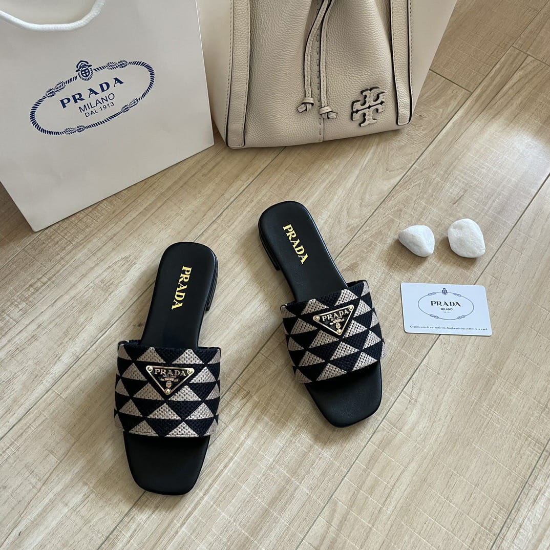 Prada Embroidered Fabric Slides Black White